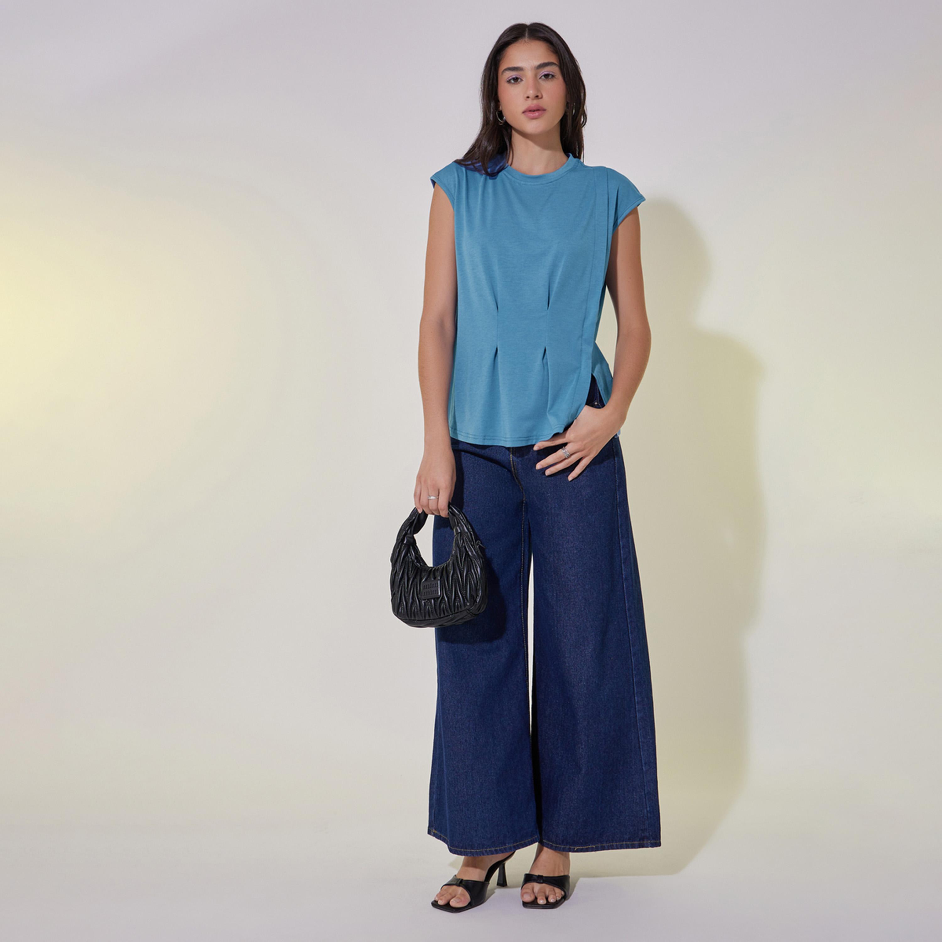 Styli Solid Round Neck Sleeveless T-Shirt With Pintuck Detail-women-clothing-tshirts-image-2