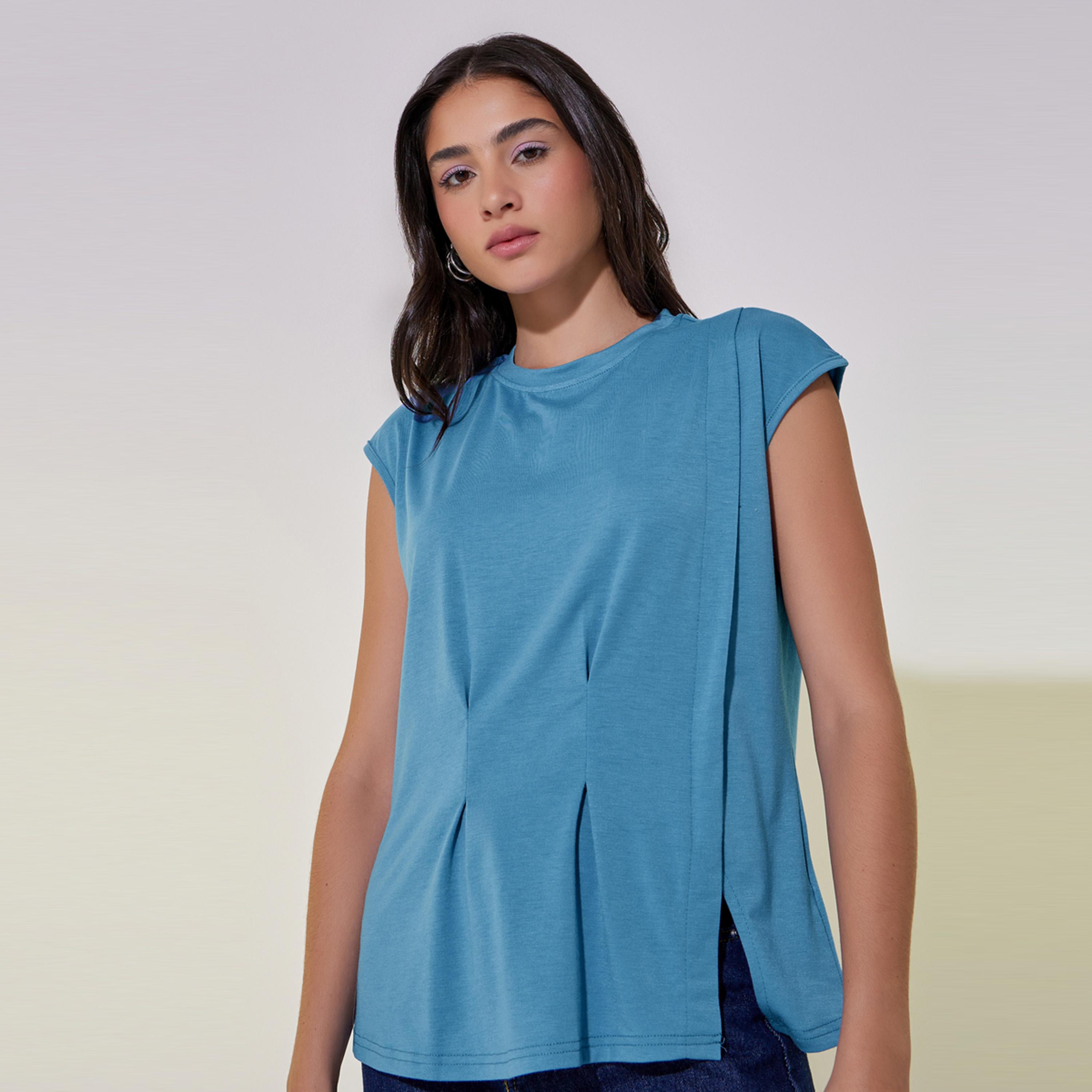 Styli Solid Round Neck Sleeveless T-Shirt With Pintuck Detail-women-clothing-tshirts-image-3