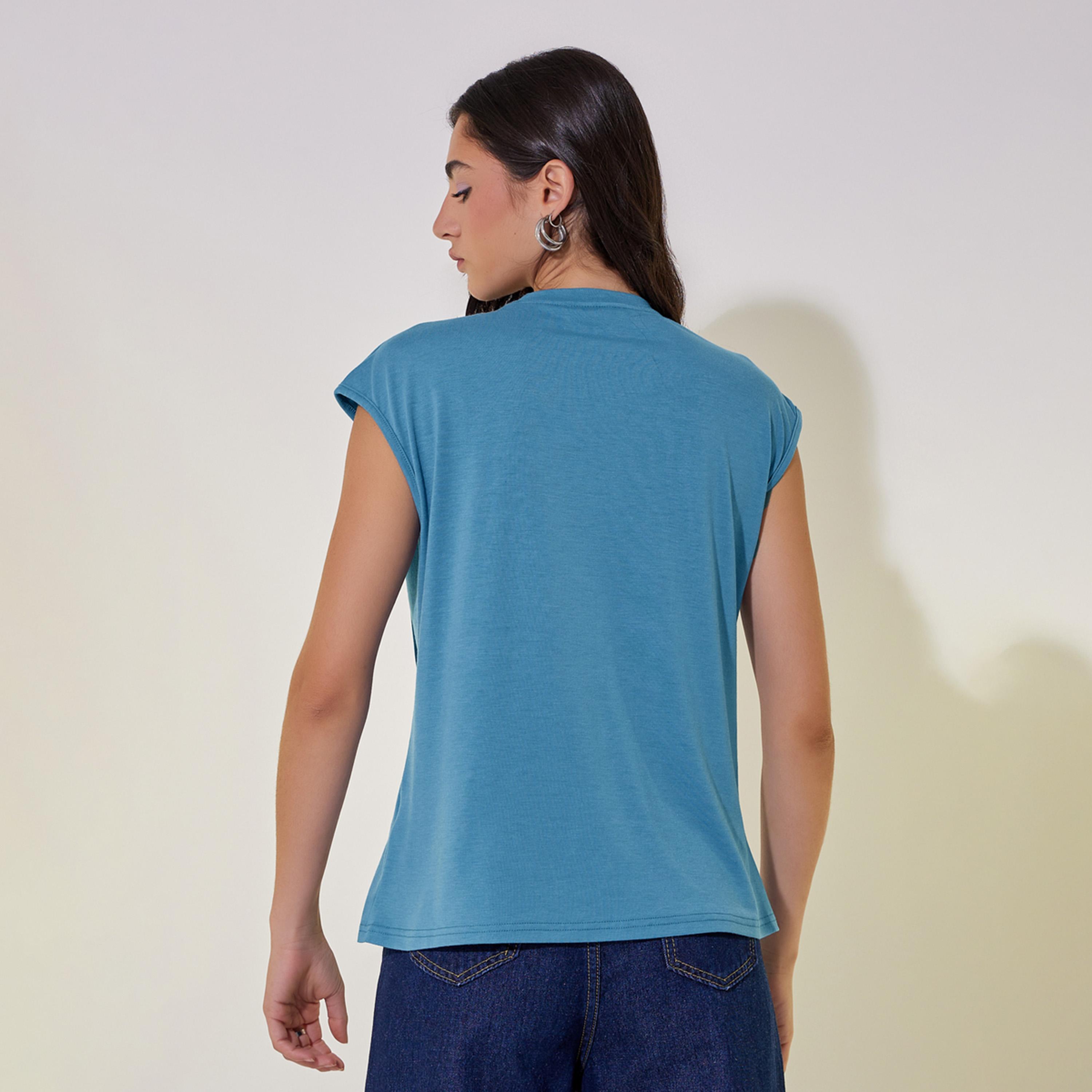 ستايلي - تي شيرت سادة بدون أكمام بياقة دائرية وتفاصيل كشكشة-women-clothing-tshirts-image-6