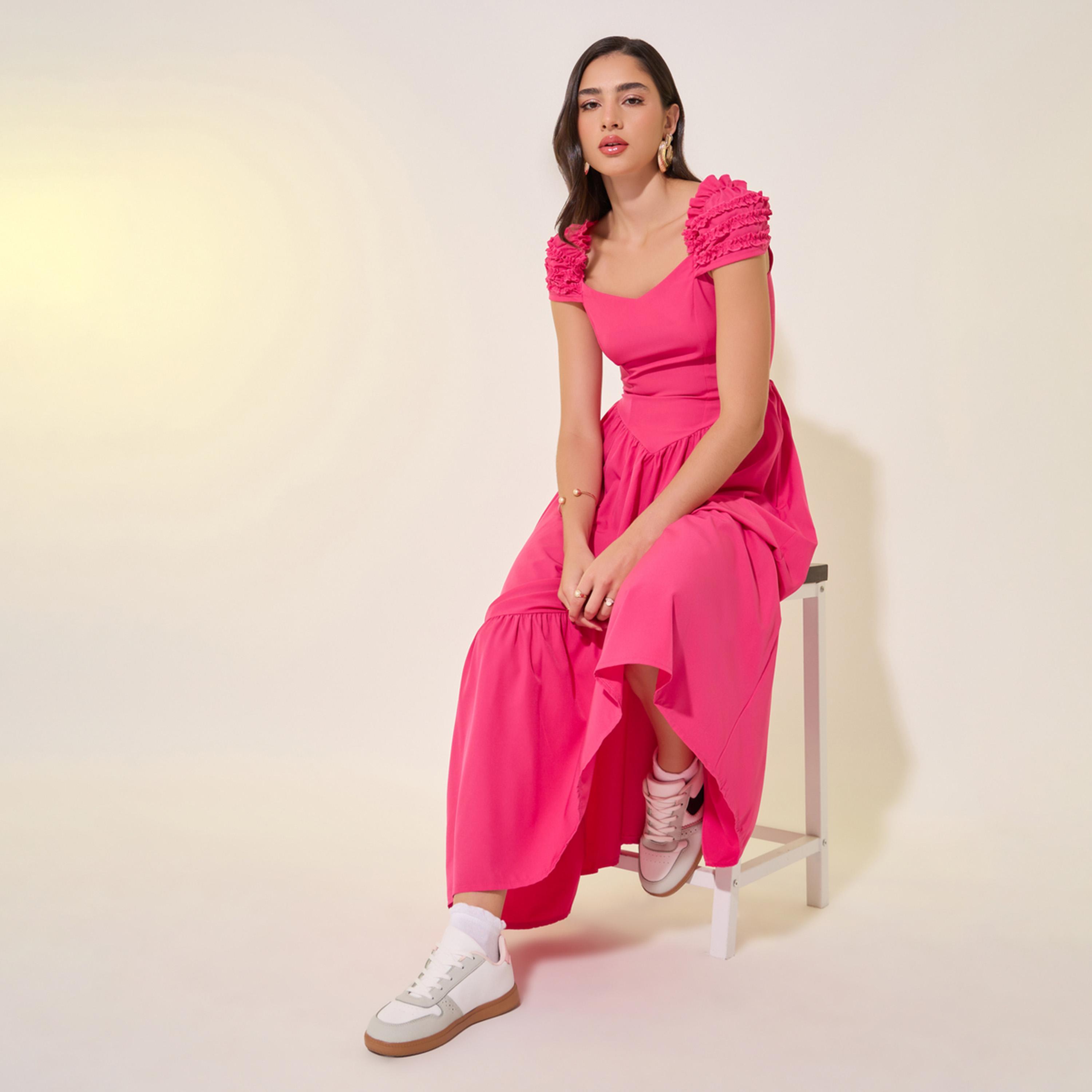 Styli Solid Textured A-Line Tiered Maxi Dress-women-clothing-dresses-image-1