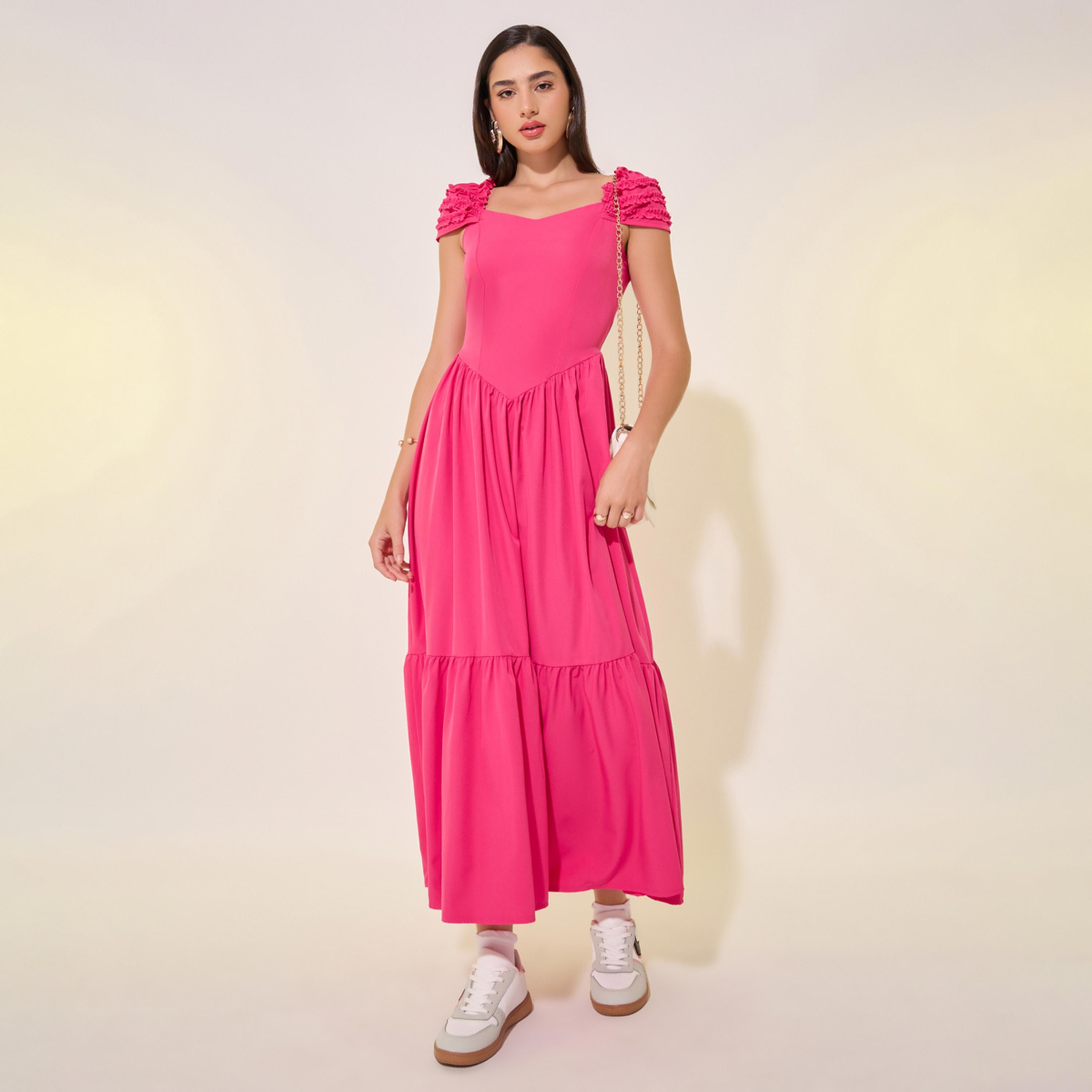 Styli Solid Textured A-Line Tiered Maxi Dress-women-clothing-dresses-image-2