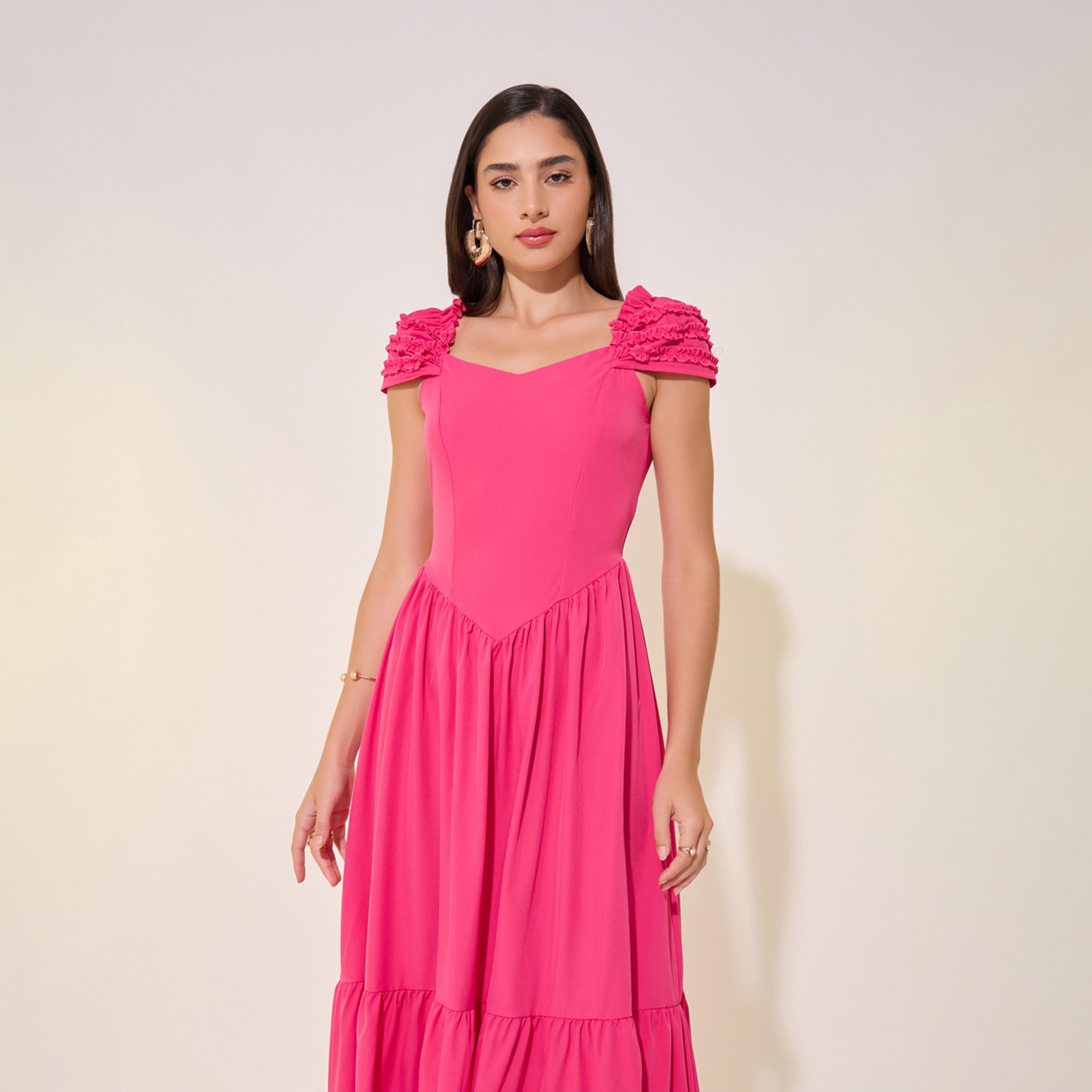Styli Solid Textured A-Line Tiered Maxi Dress-women-clothing-dresses-image-3