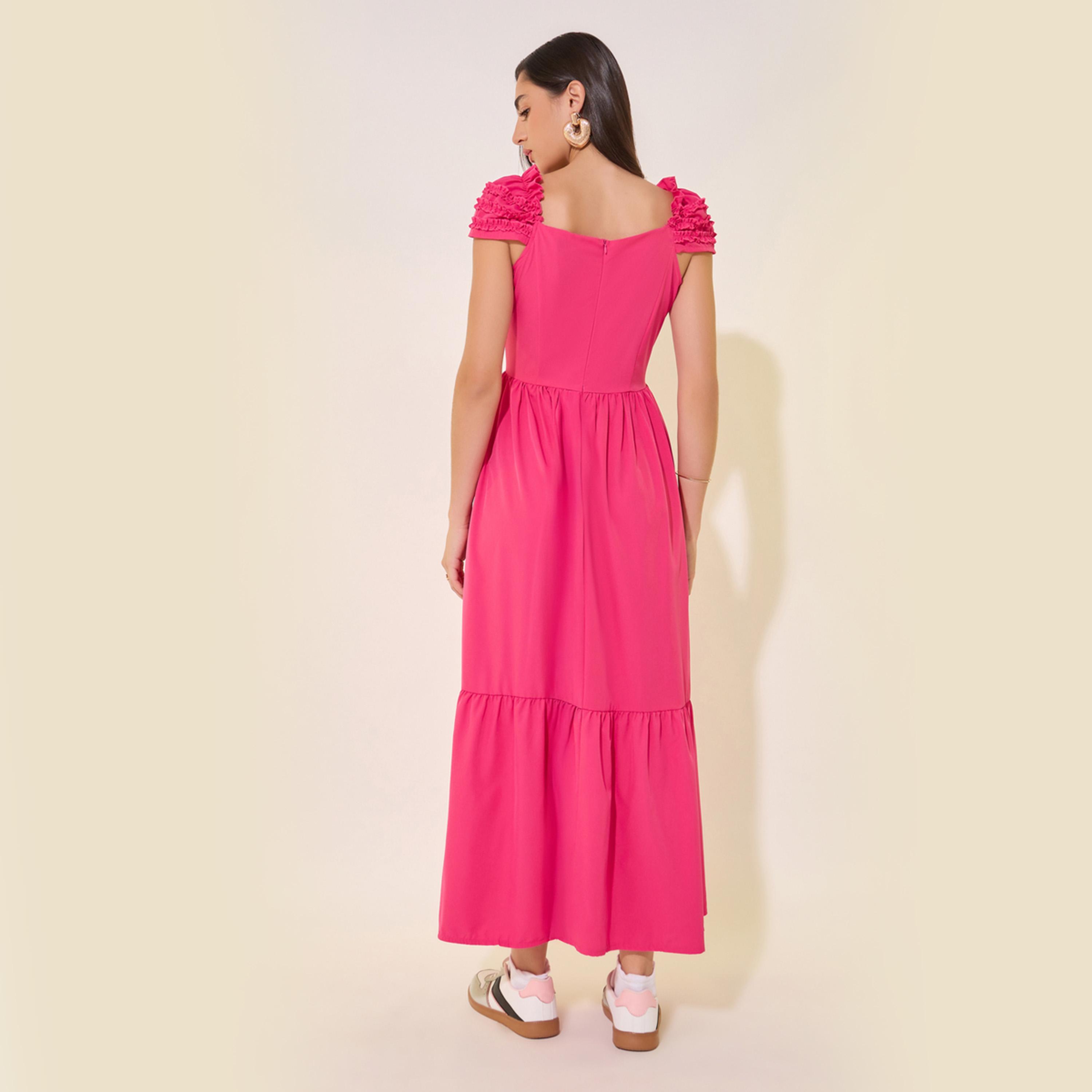 Styli Solid Textured A-Line Tiered Maxi Dress-women-clothing-dresses-image-5