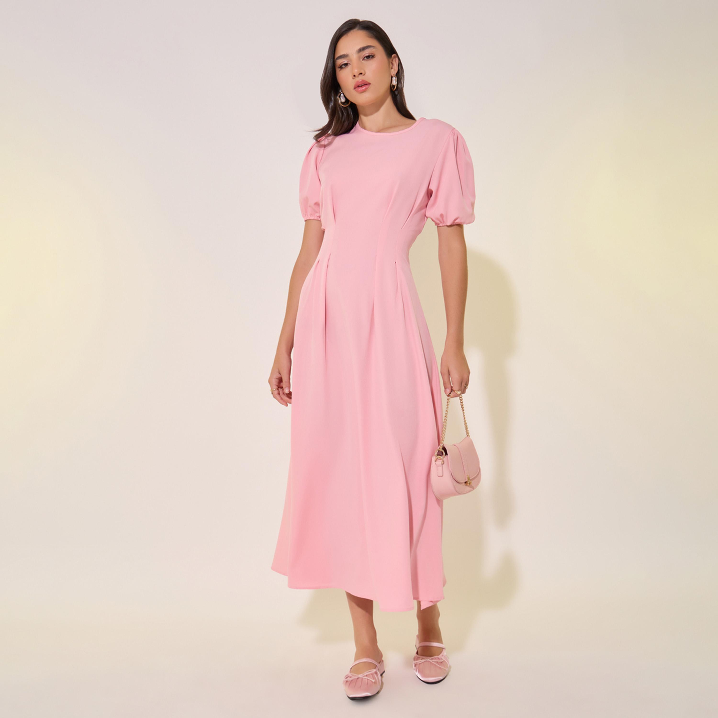 Styli Solid Puff Sleeves Center Front Pleat Midi Dress-women-clothing-dresses-image-1