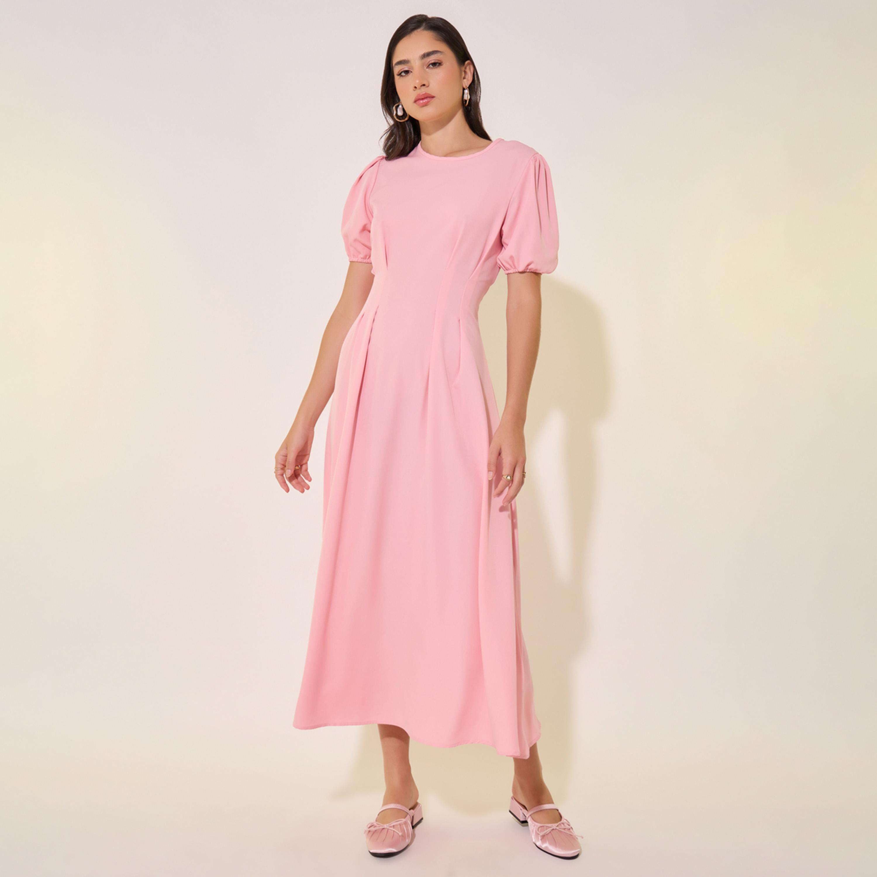 Styli Solid Puff Sleeves Center Front Pleat Midi Dress-women-clothing-dresses-image-2