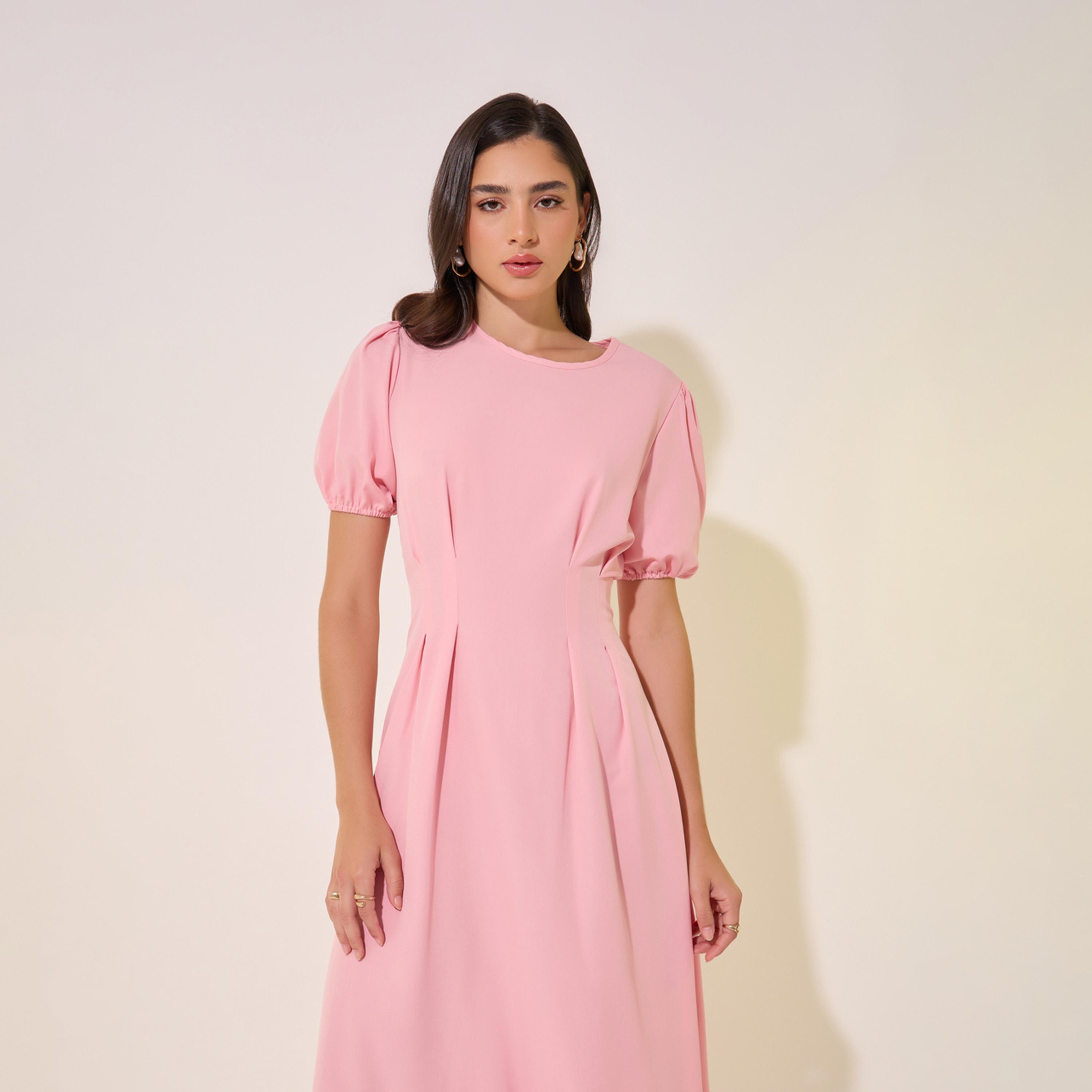 Styli Solid Puff Sleeves Center Front Pleat Midi Dress-women-clothing-dresses-image-3