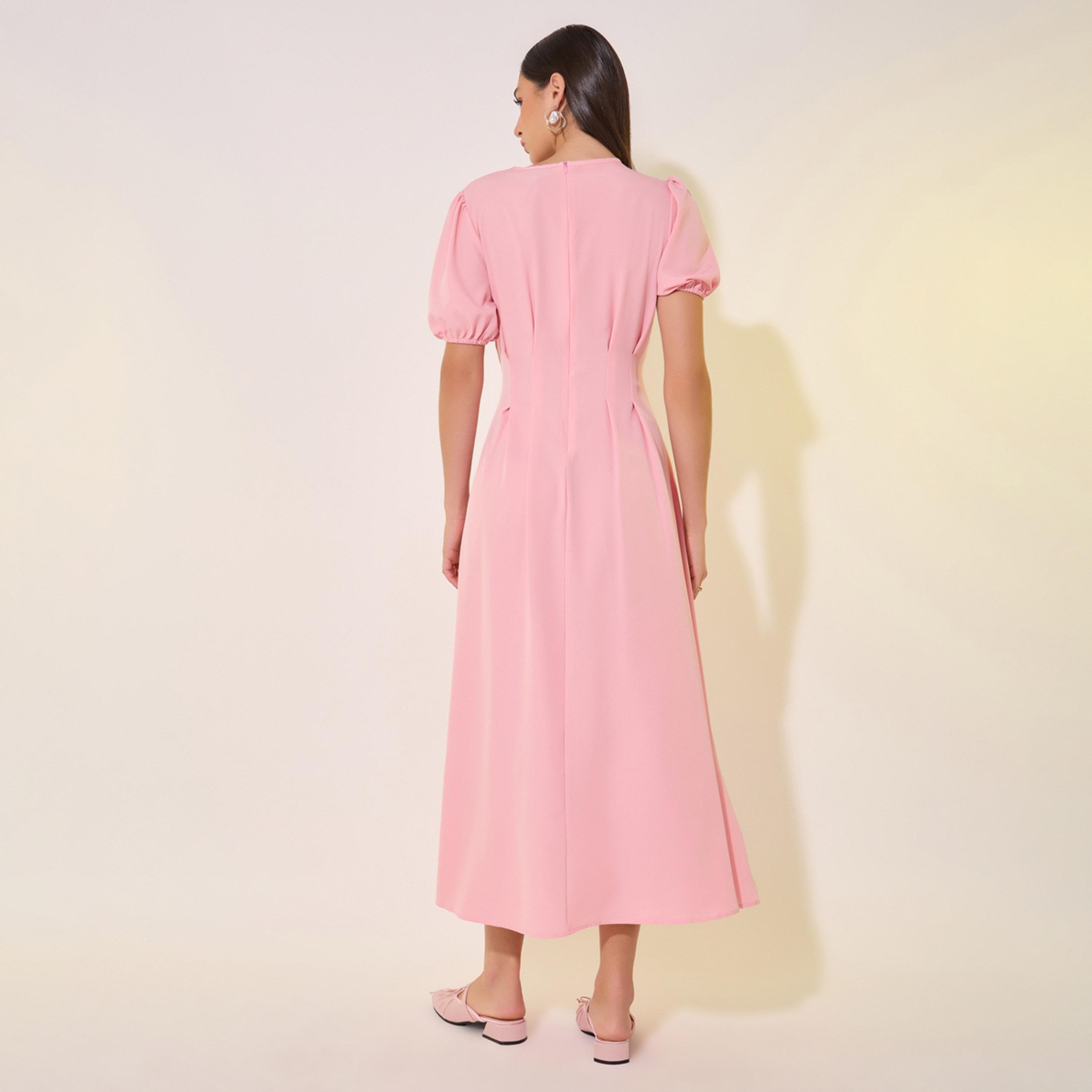 Styli Solid Puff Sleeves Center Front Pleat Midi Dress-women-clothing-dresses-image-5