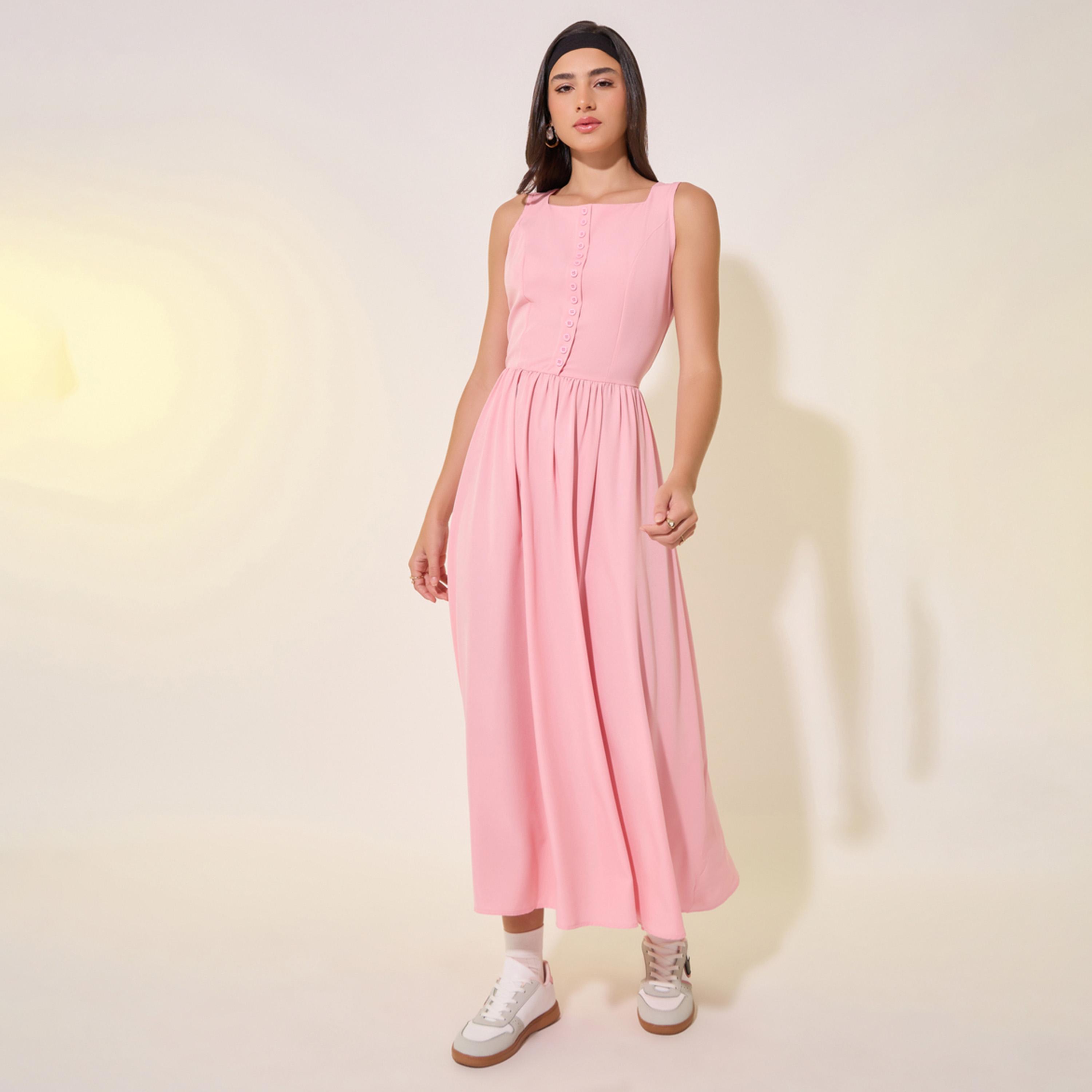 Styli Solid Square Neck Buttoned Midi Dress-women-clothing-dresses-image-1