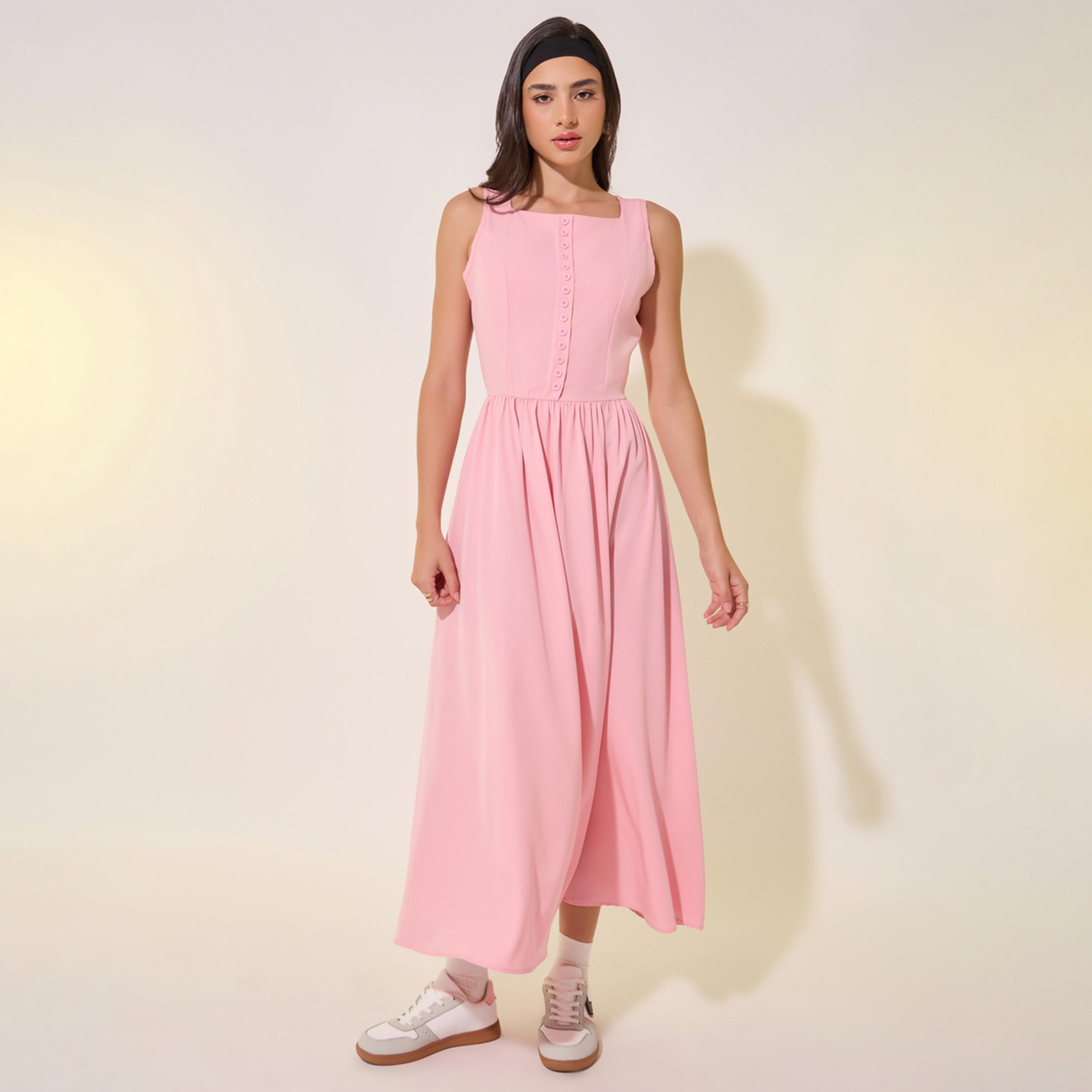 Styli Solid Square Neck Buttoned Midi Dress-women-clothing-dresses-image-2
