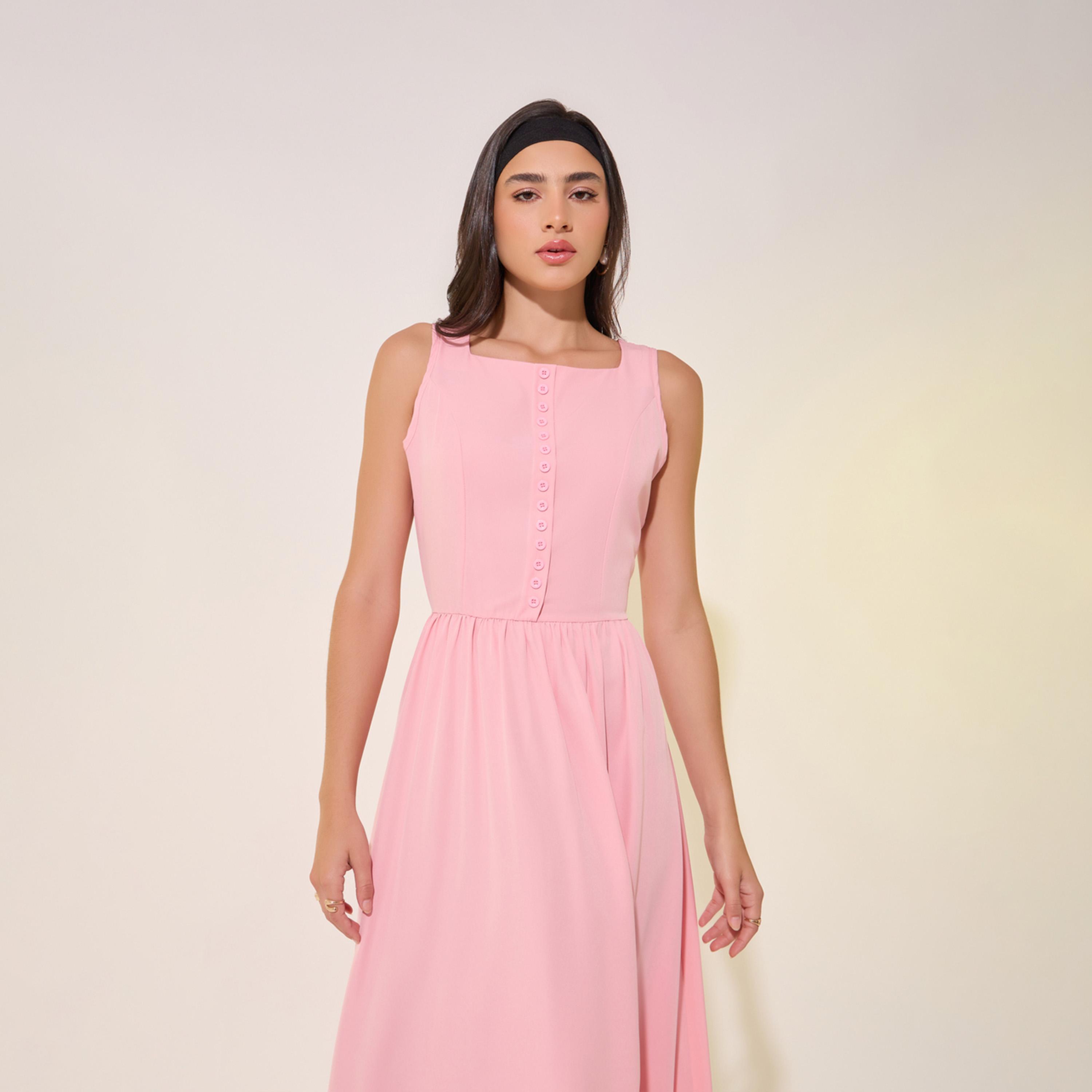 Styli Solid Square Neck Buttoned Midi Dress-women-clothing-dresses-image-3