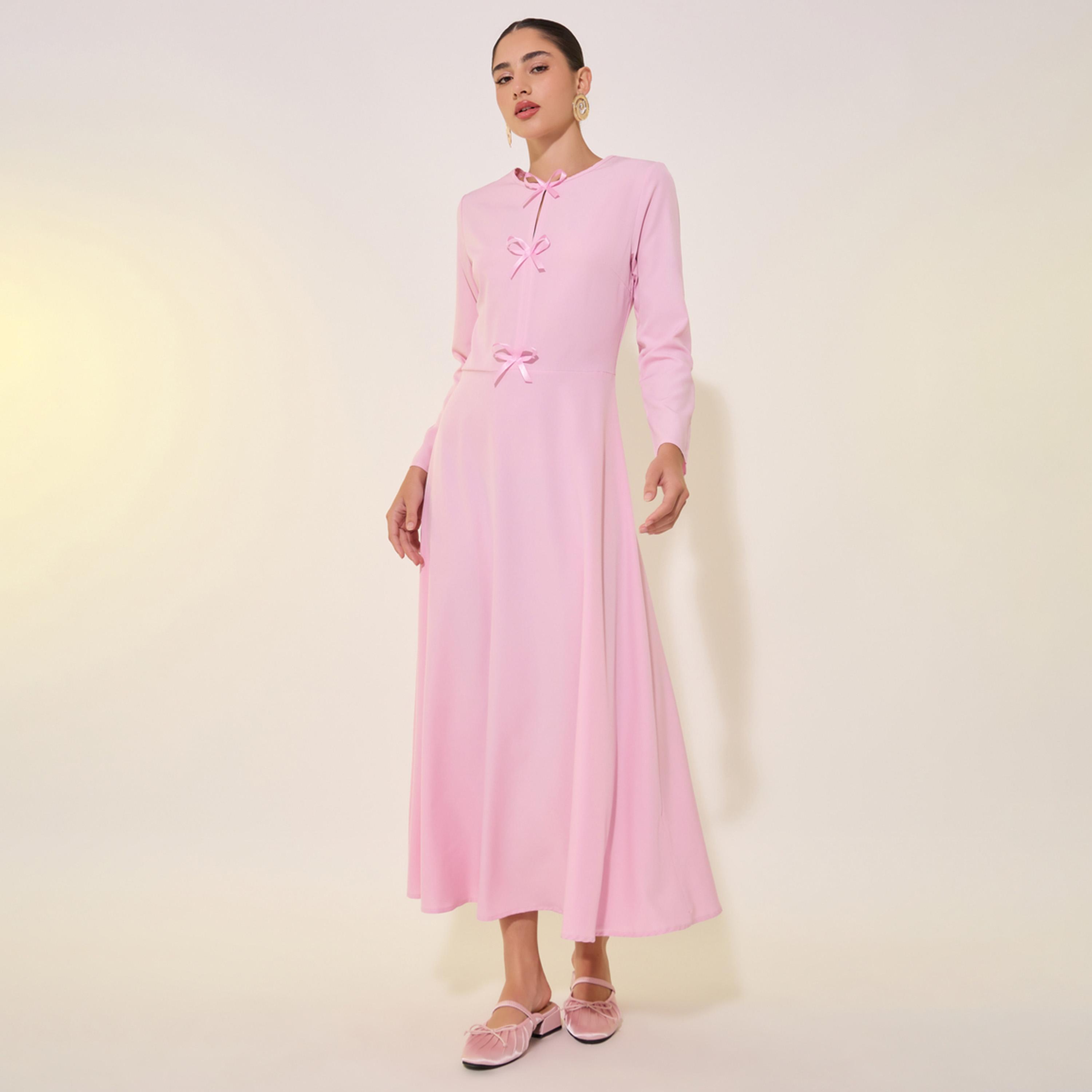 Styli Solid Bow Detail Long Sleeve A-Line Midi Dress-women-clothing-dresses-image-1