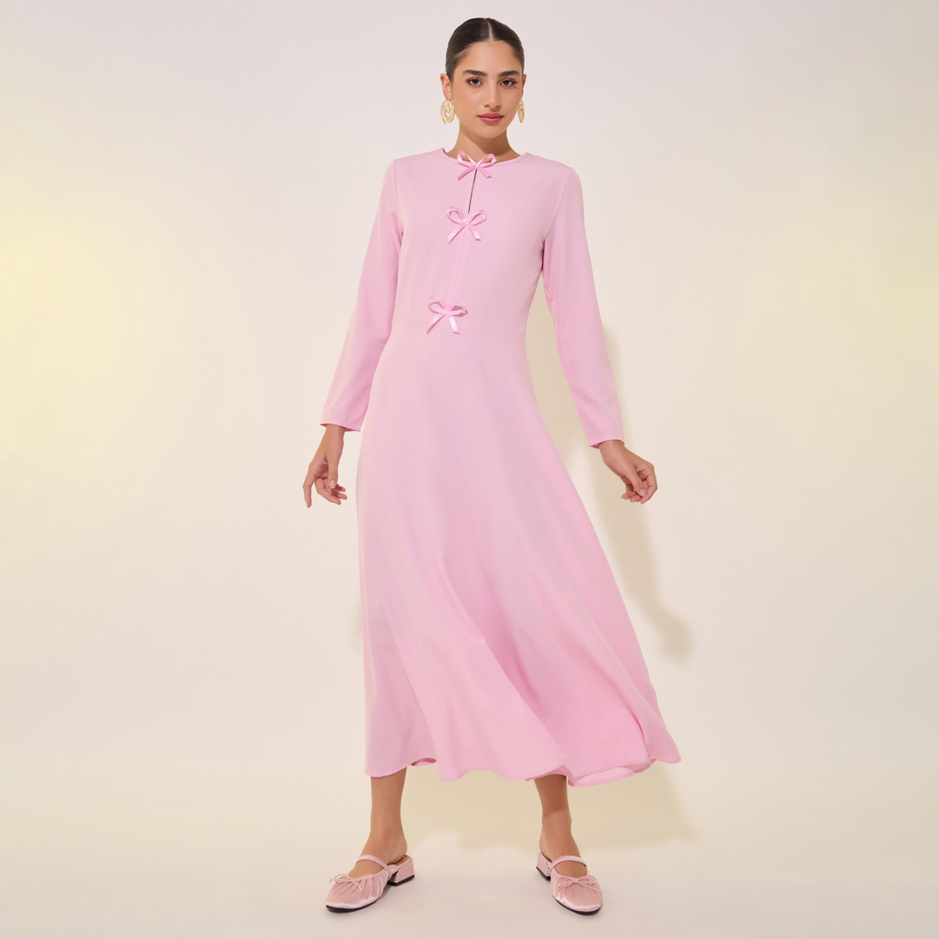 ستايلي - فستان سادة متوسط الطول بأكمام طويلة وقصة A مع فيونكة-women-clothing-dresses-image-2