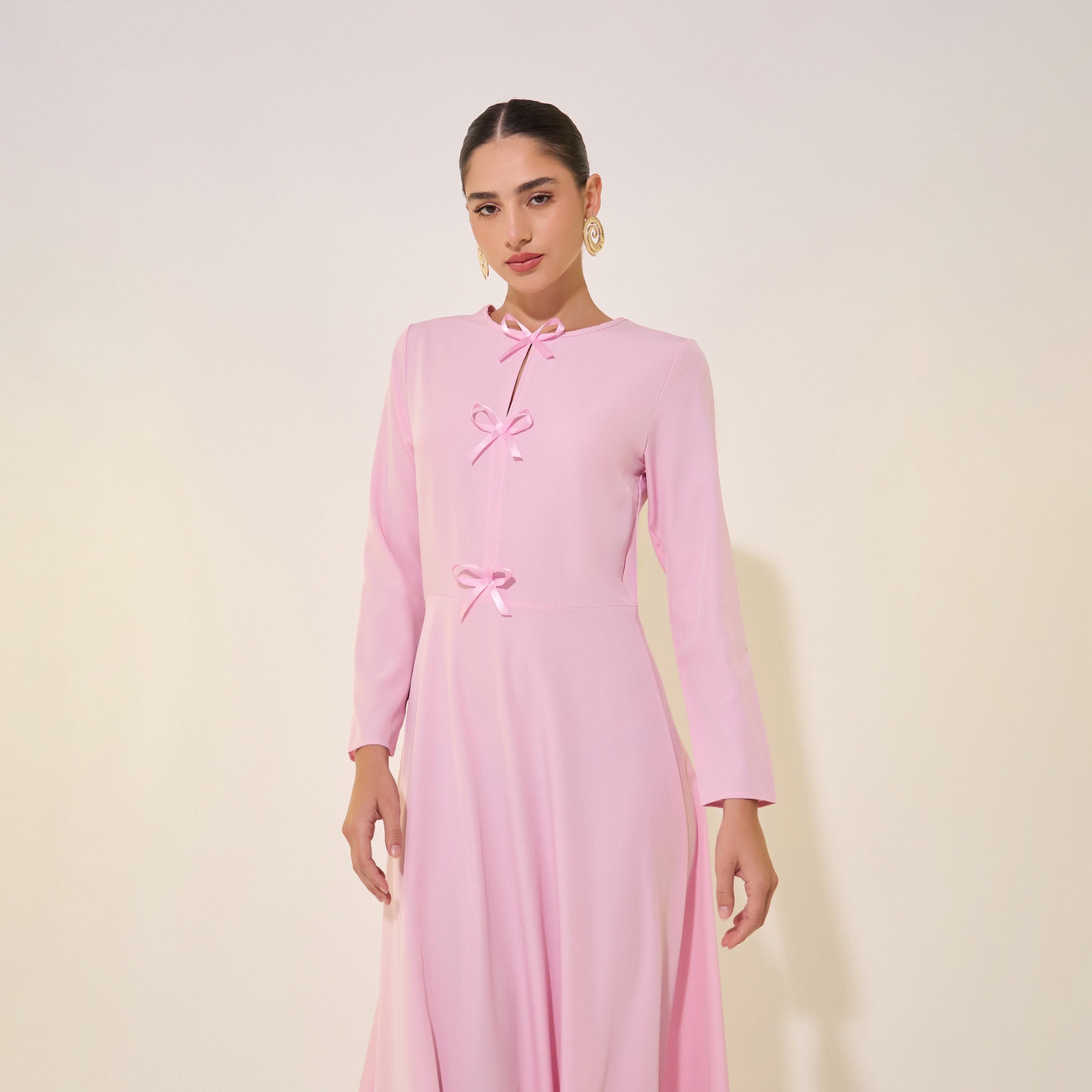 Styli Solid Bow Detail Long Sleeve A-Line Midi Dress-women-clothing-dresses-image-3