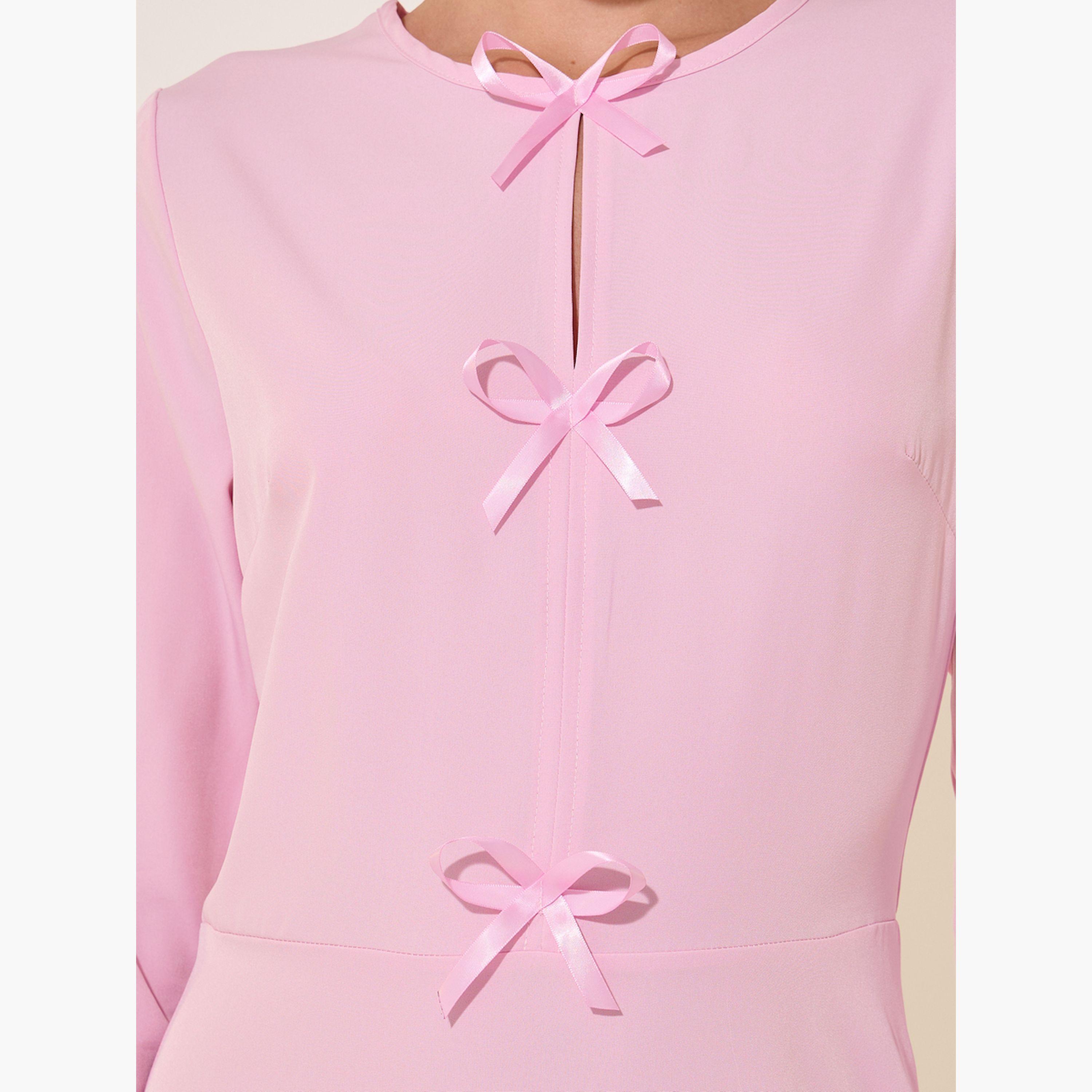 Styli Solid Bow Detail Long Sleeve A-Line Midi Dress-women-clothing-dresses-image-4
