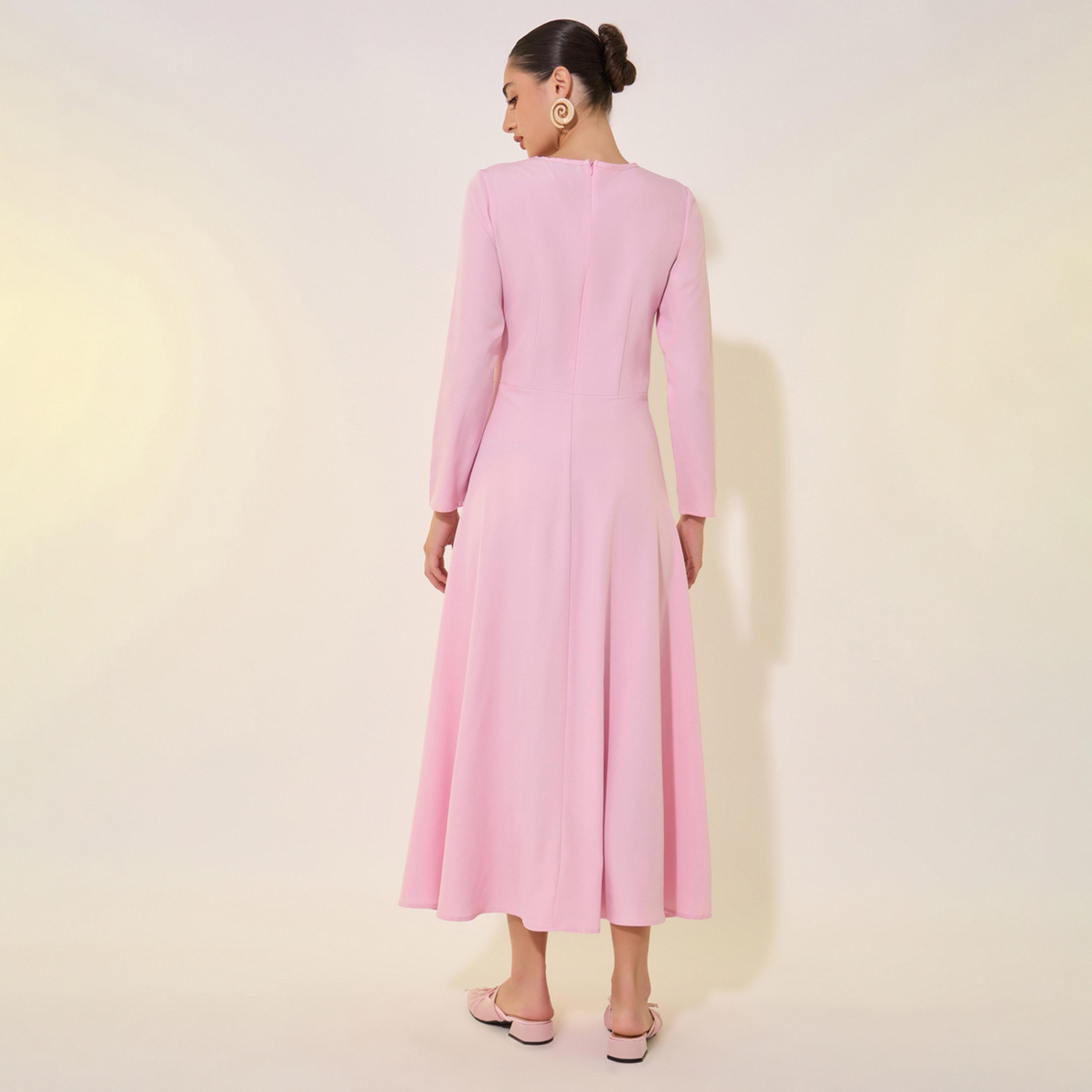 ستايلي - فستان سادة متوسط الطول بأكمام طويلة وقصة A مع فيونكة-women-clothing-dresses-image-5