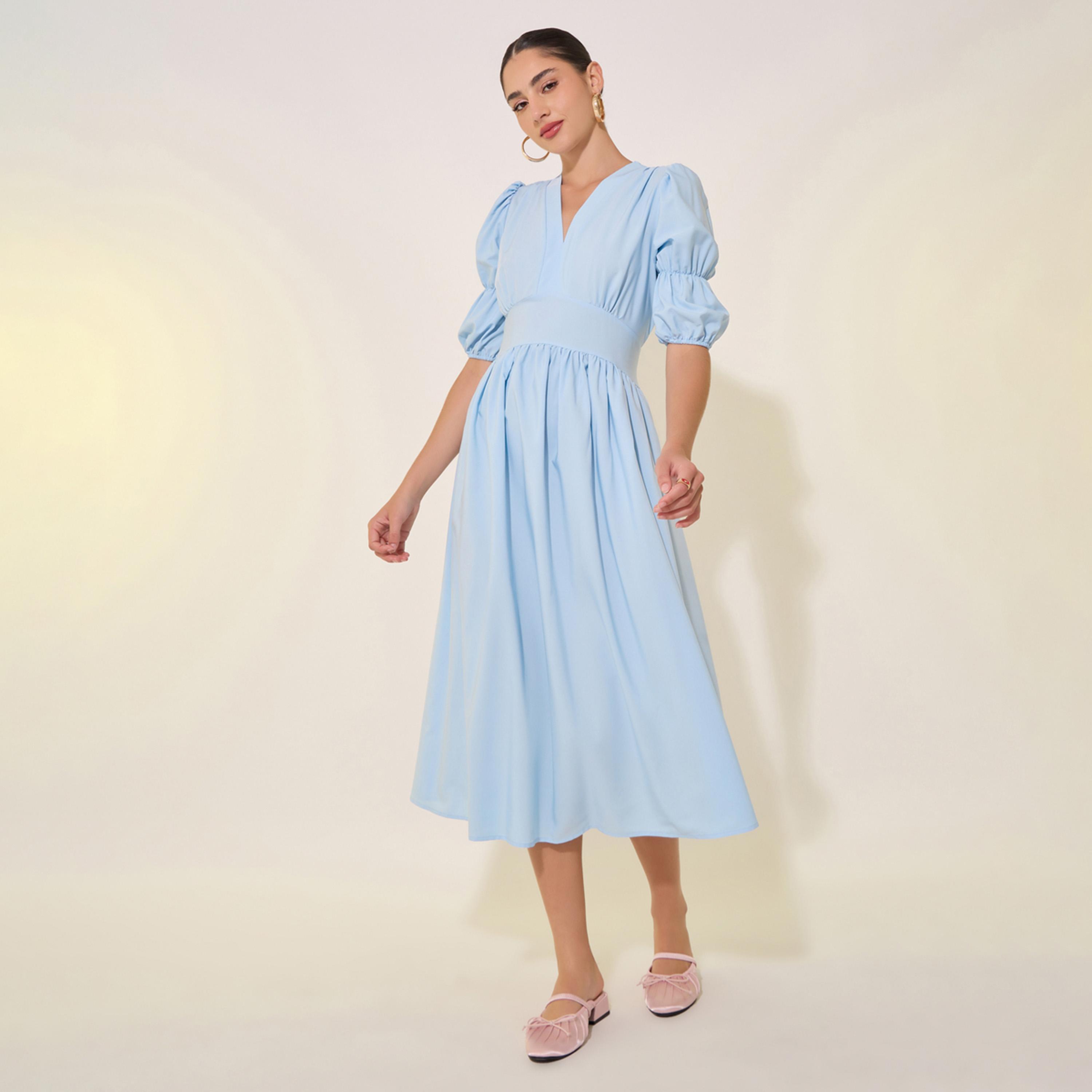 Styli Solid Gathered Sleeves V-Neck Midi Dress-women-clothing-dresses-image-1