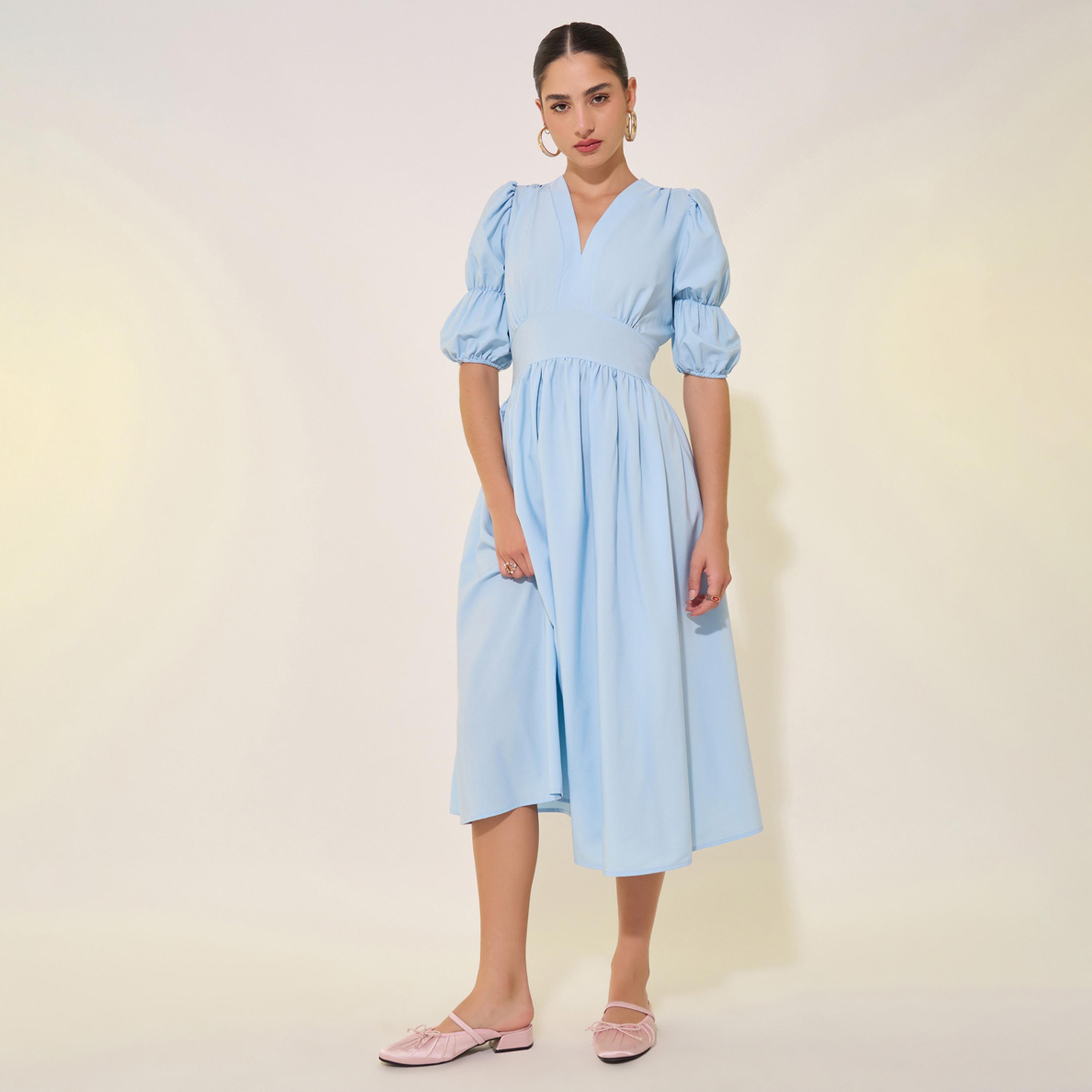 Styli Solid Gathered Sleeves V-Neck Midi Dress-women-clothing-dresses-image-2