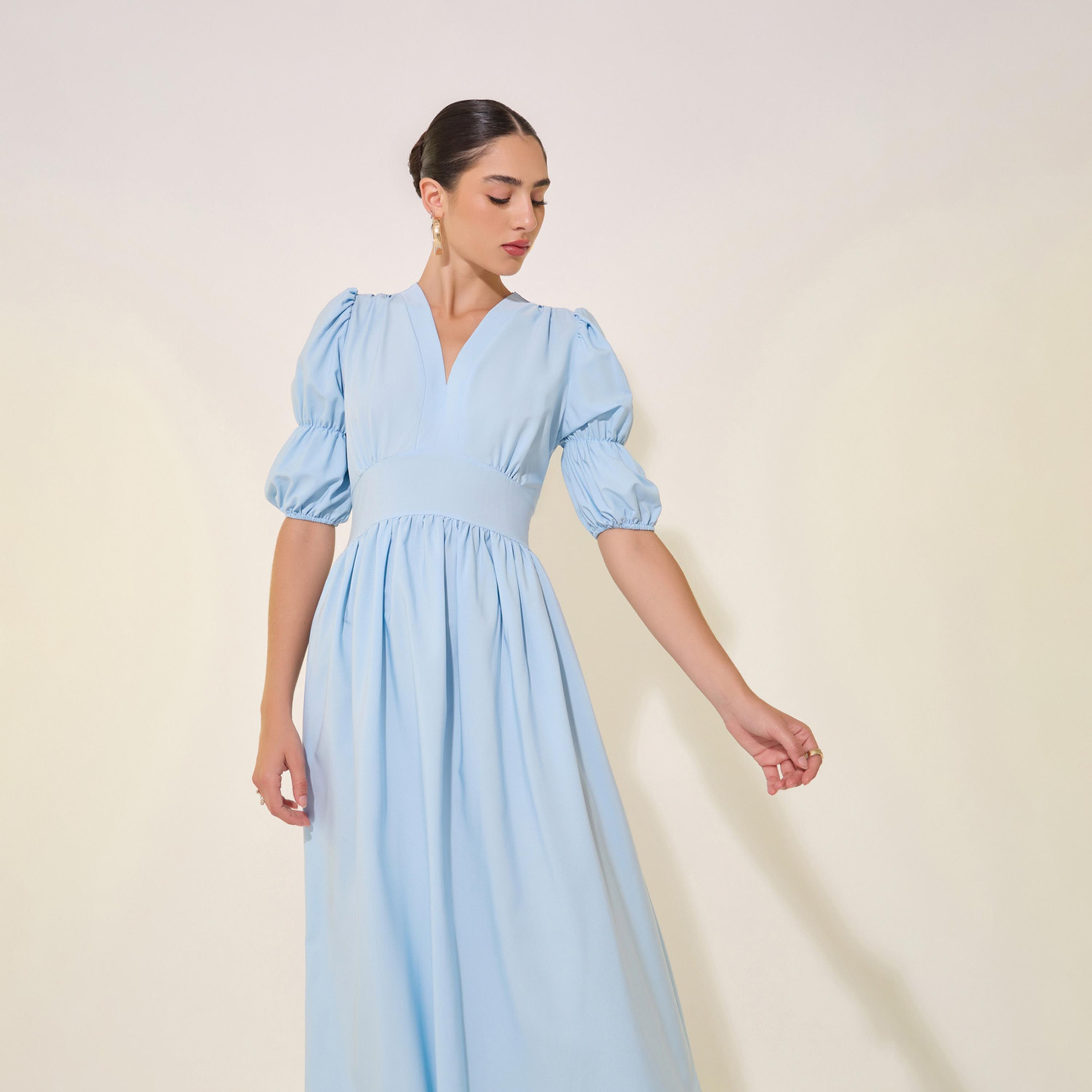 Styli Solid Gathered Sleeves V-Neck Midi Dress-women-clothing-dresses-image-3
