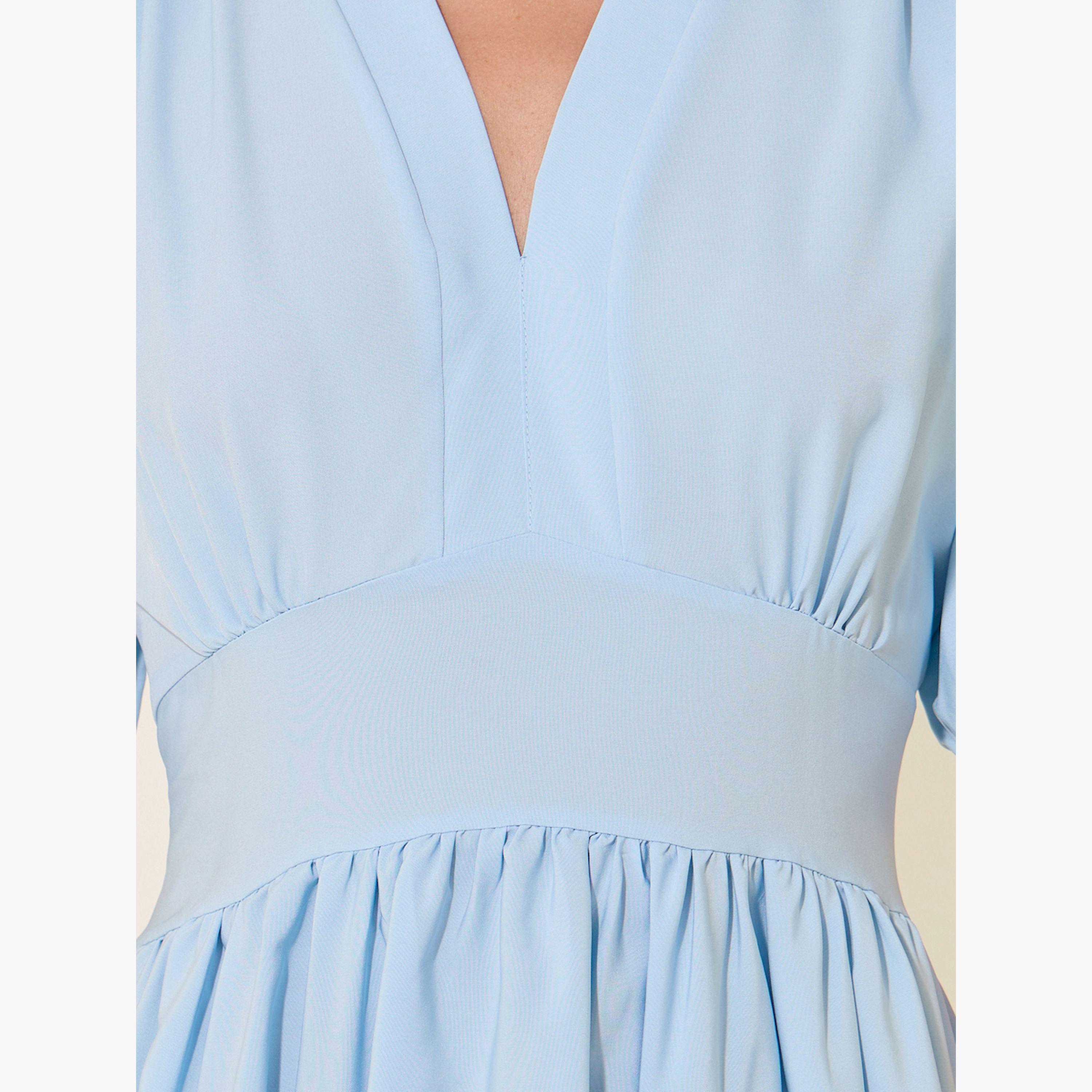 Styli Solid Gathered Sleeves V-Neck Midi Dress-women-clothing-dresses-image-4