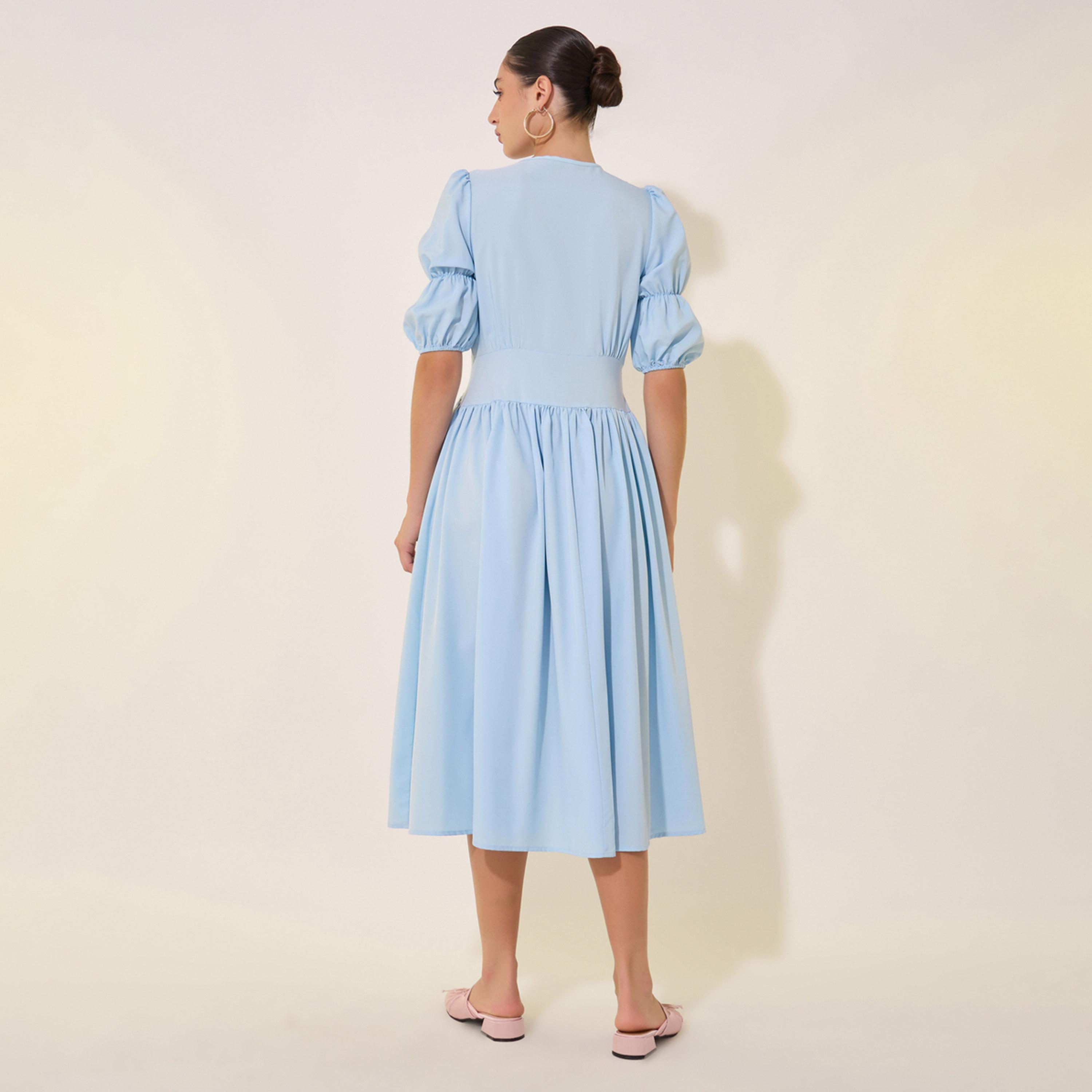 Styli Solid Gathered Sleeves V-Neck Midi Dress-women-clothing-dresses-image-5