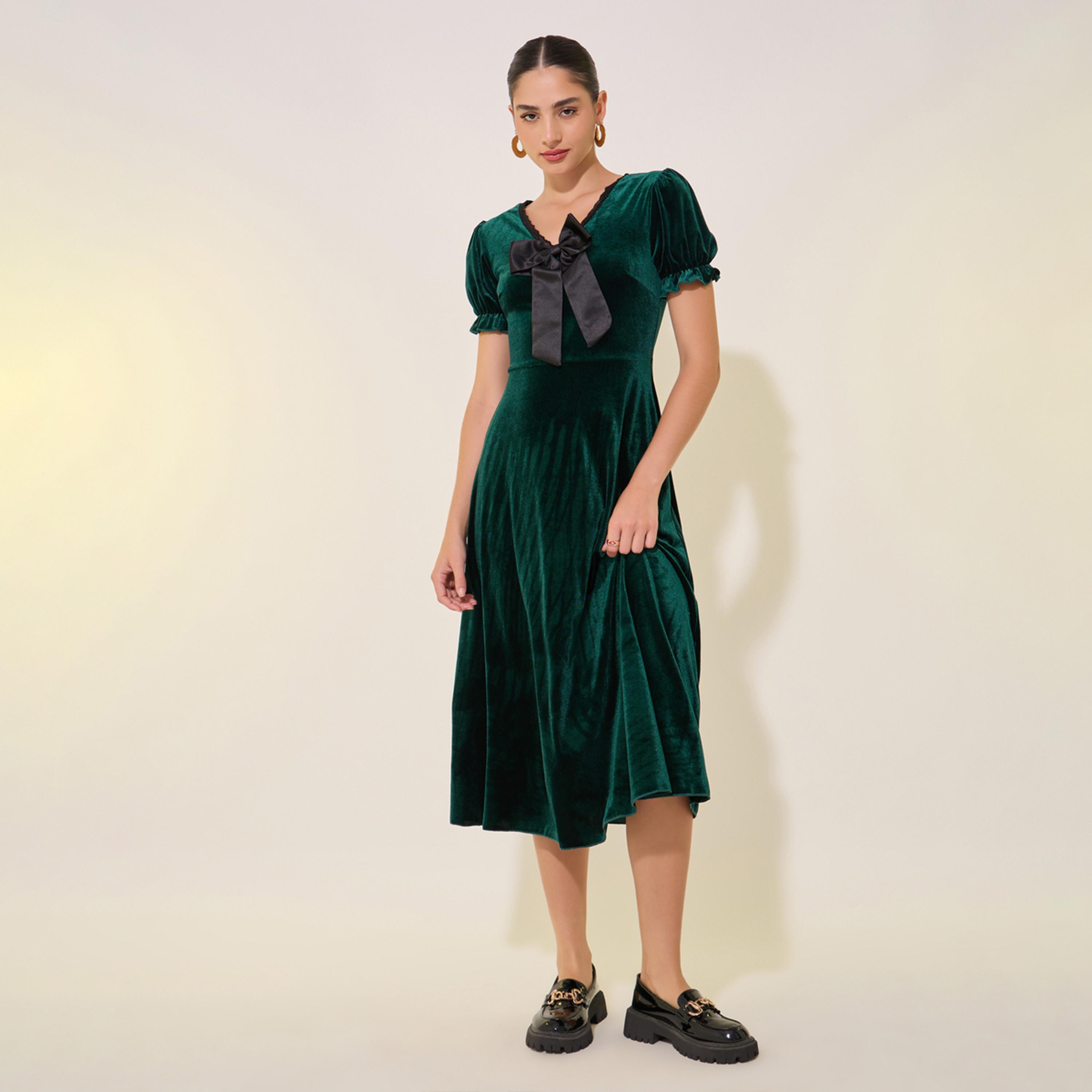 Styli Solid Velvet Look V-Neck Bow Detail Midi Dress-women-clothing-dresses-image-1