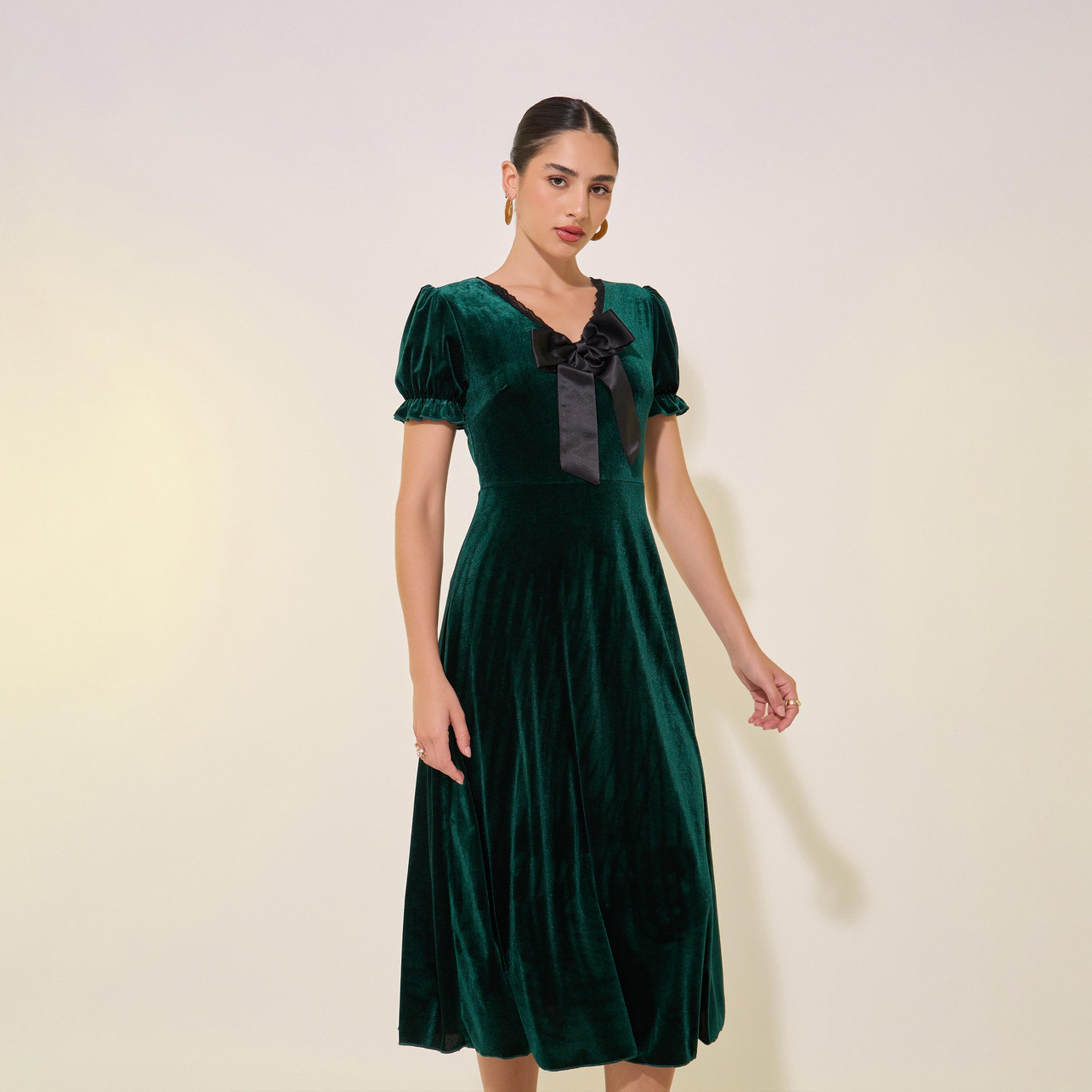 Styli Solid Velvet Look V-Neck Bow Detail Midi Dress-women-clothing-dresses-image-3