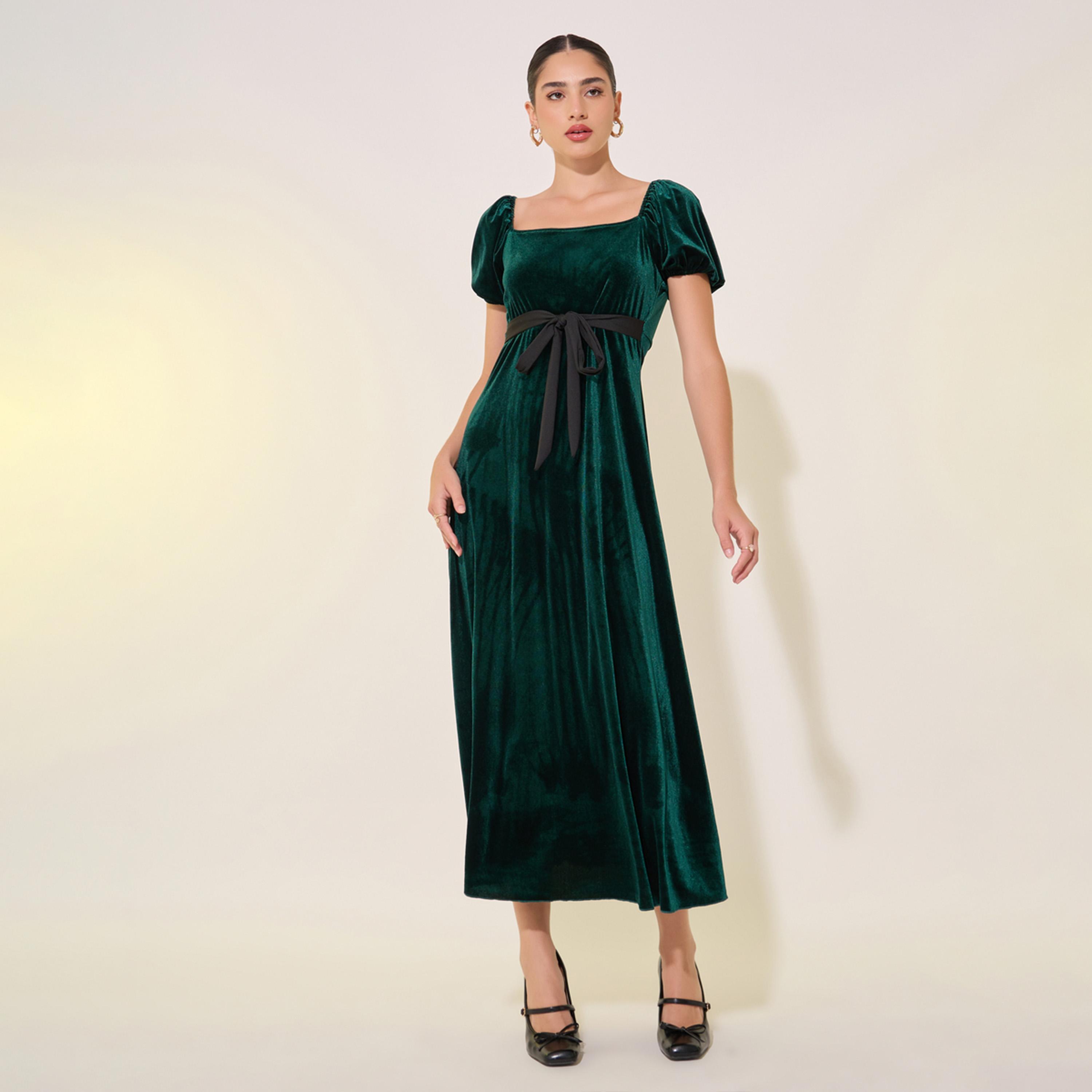 Styli Solid Velvet Look Square Neck Tie-Up Front Midi Dress-women-clothing-dresses-image-1
