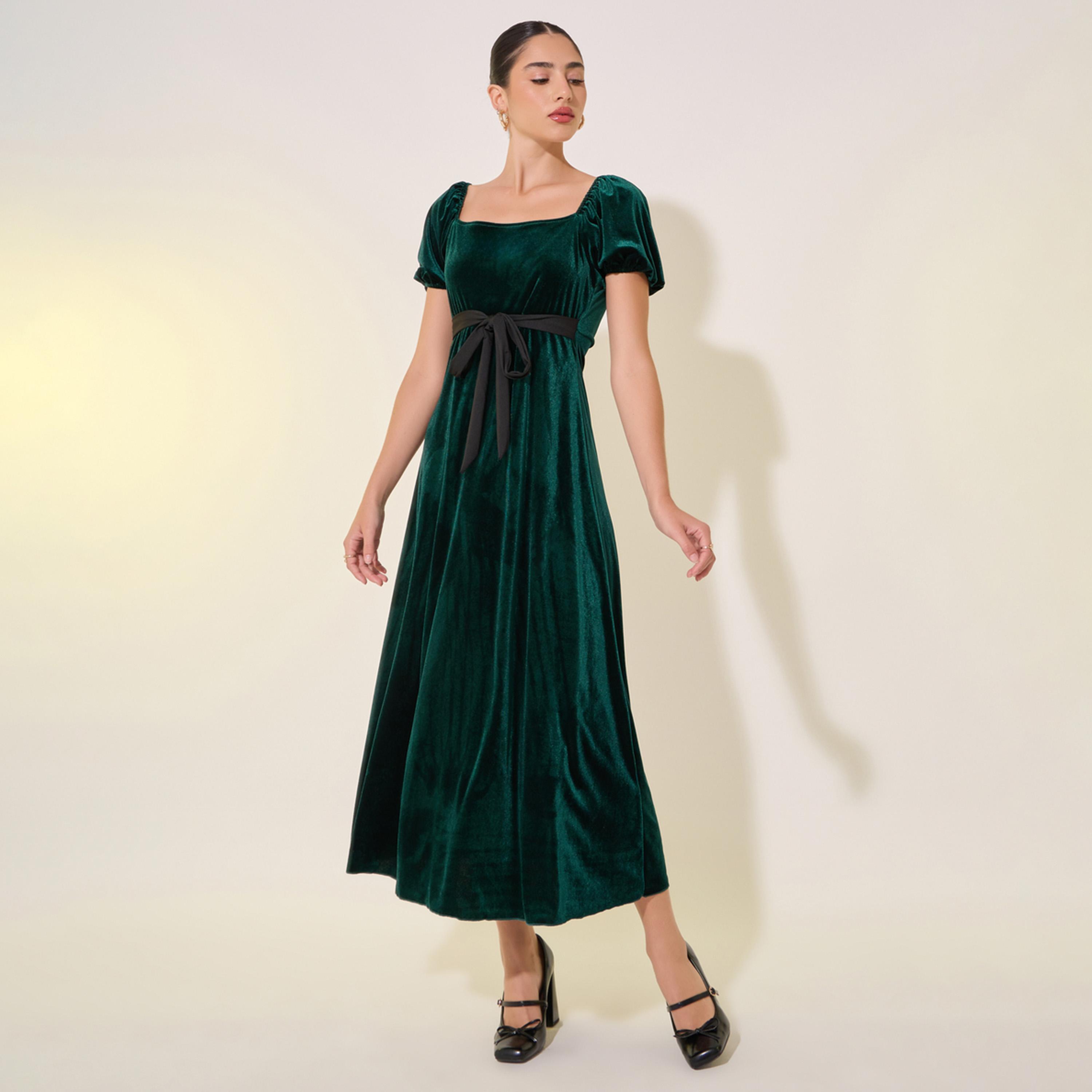 Styli Solid Velvet Look Square Neck Tie-Up Front Midi Dress-women-clothing-dresses-image-2