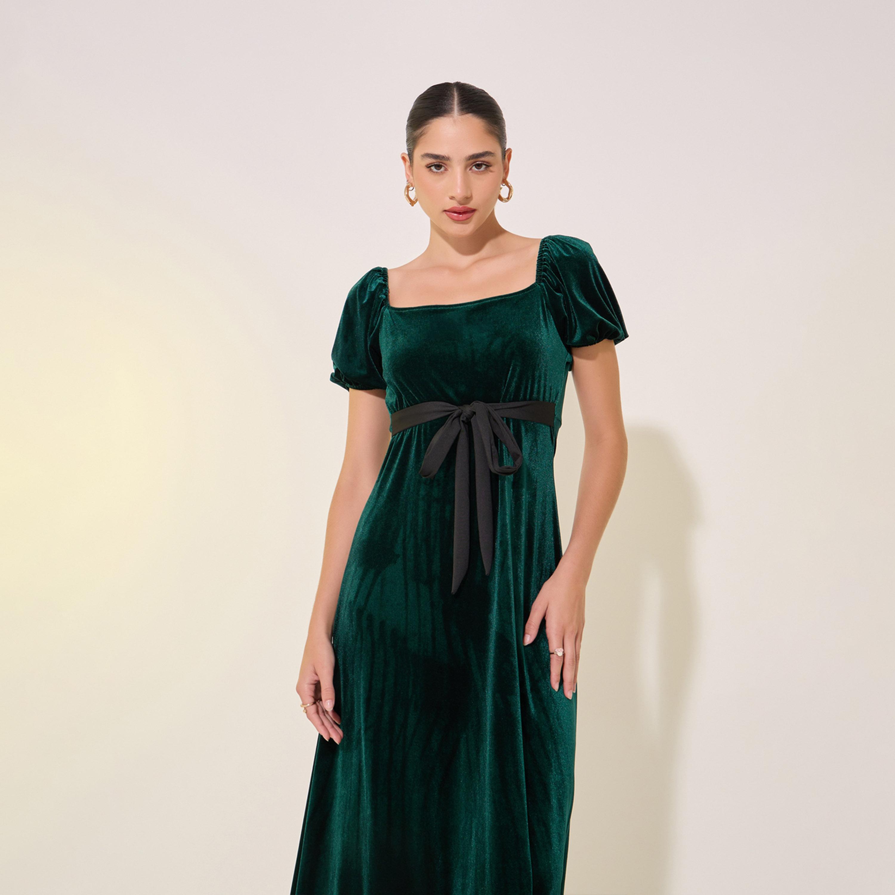 Styli Solid Velvet Look Square Neck Tie-Up Front Midi Dress-women-clothing-dresses-image-3