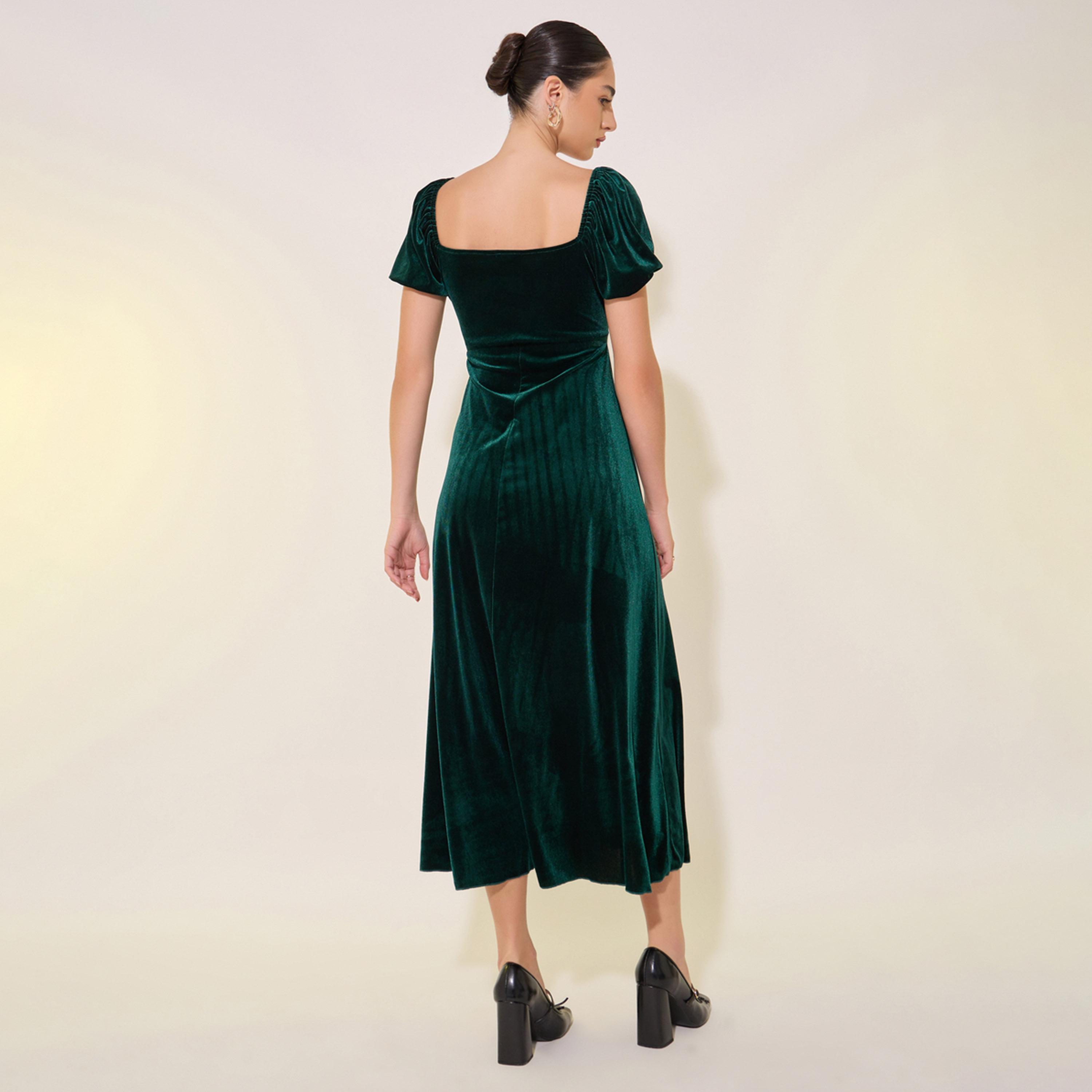 Styli Solid Velvet Look Square Neck Tie-Up Front Midi Dress-women-clothing-dresses-image-5
