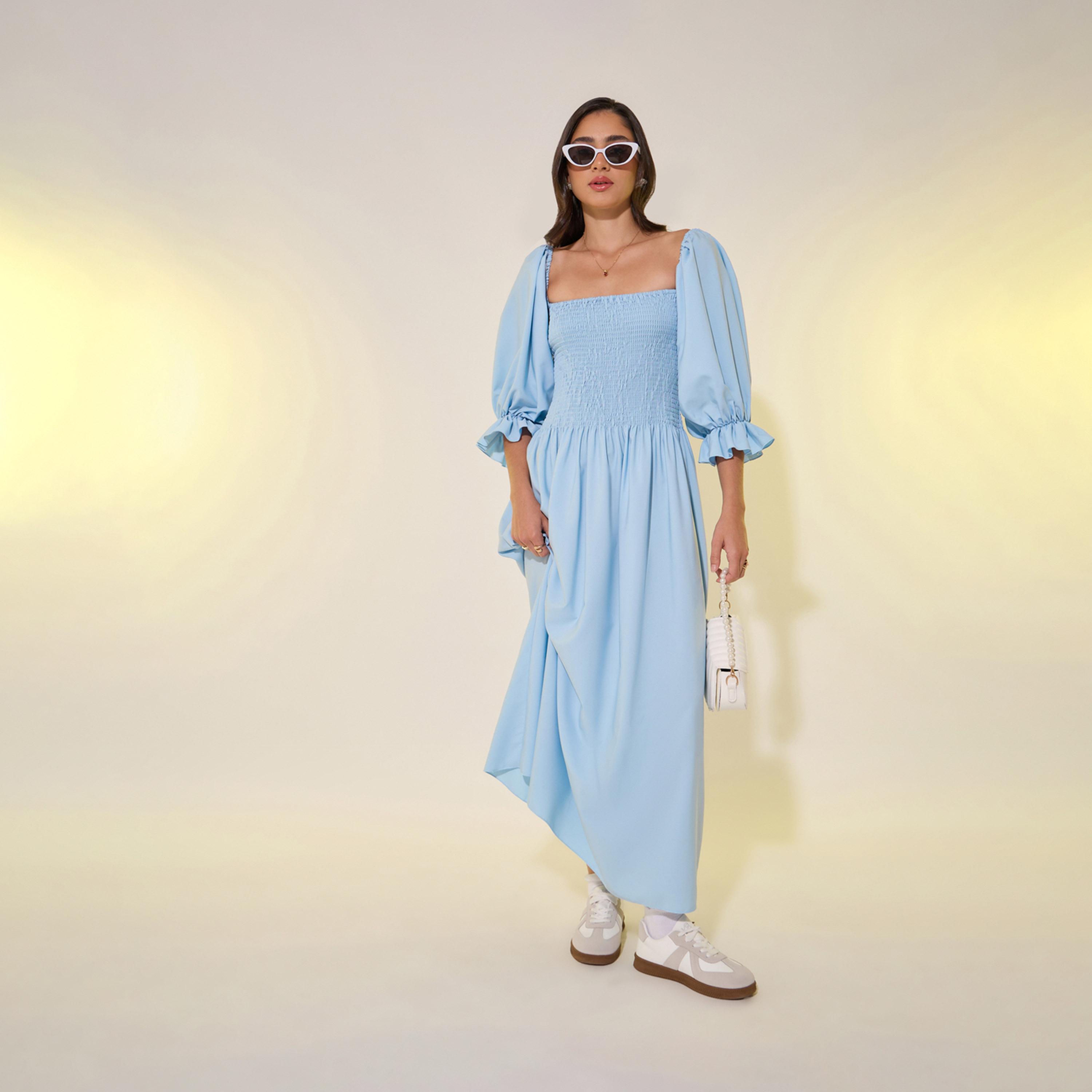 Styli Solid Square Collar Front Center Tassel MiDi Dress-women-clothing-dresses-image-1
