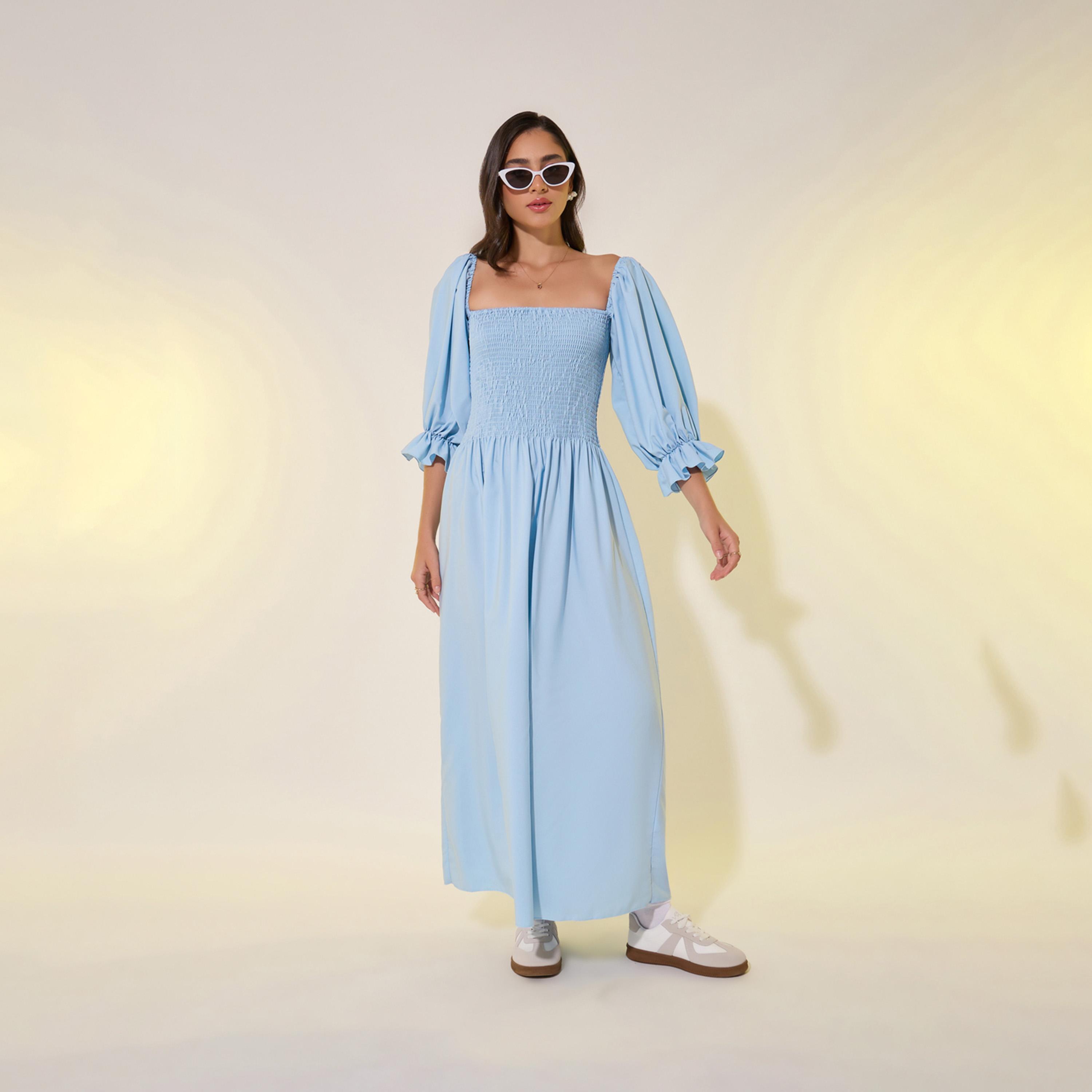 Styli Solid Square Collar Front Center Tassel MiDi Dress-women-clothing-dresses-image-2