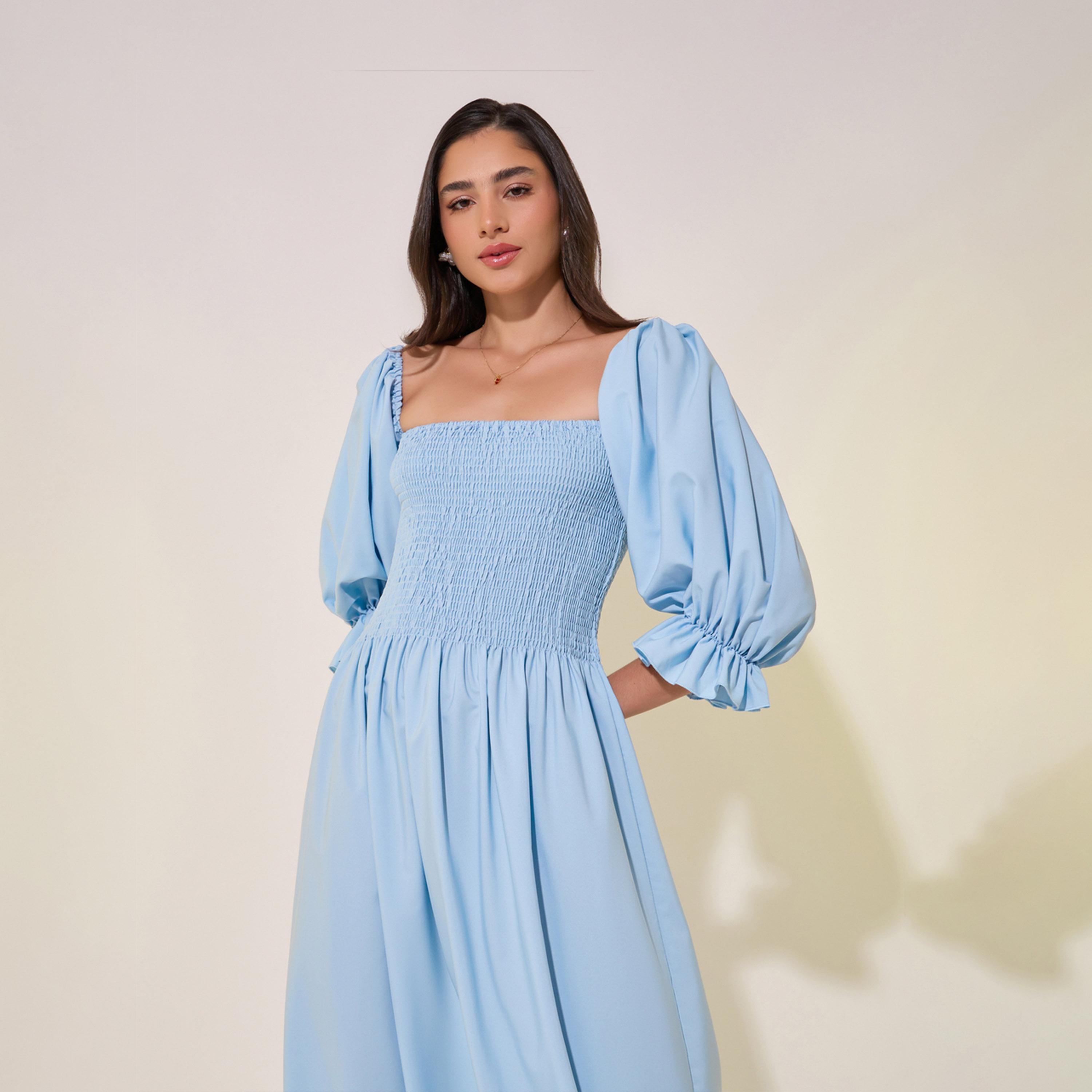 Styli Solid Square Collar Front Center Tassel MiDi Dress-women-clothing-dresses-image-3