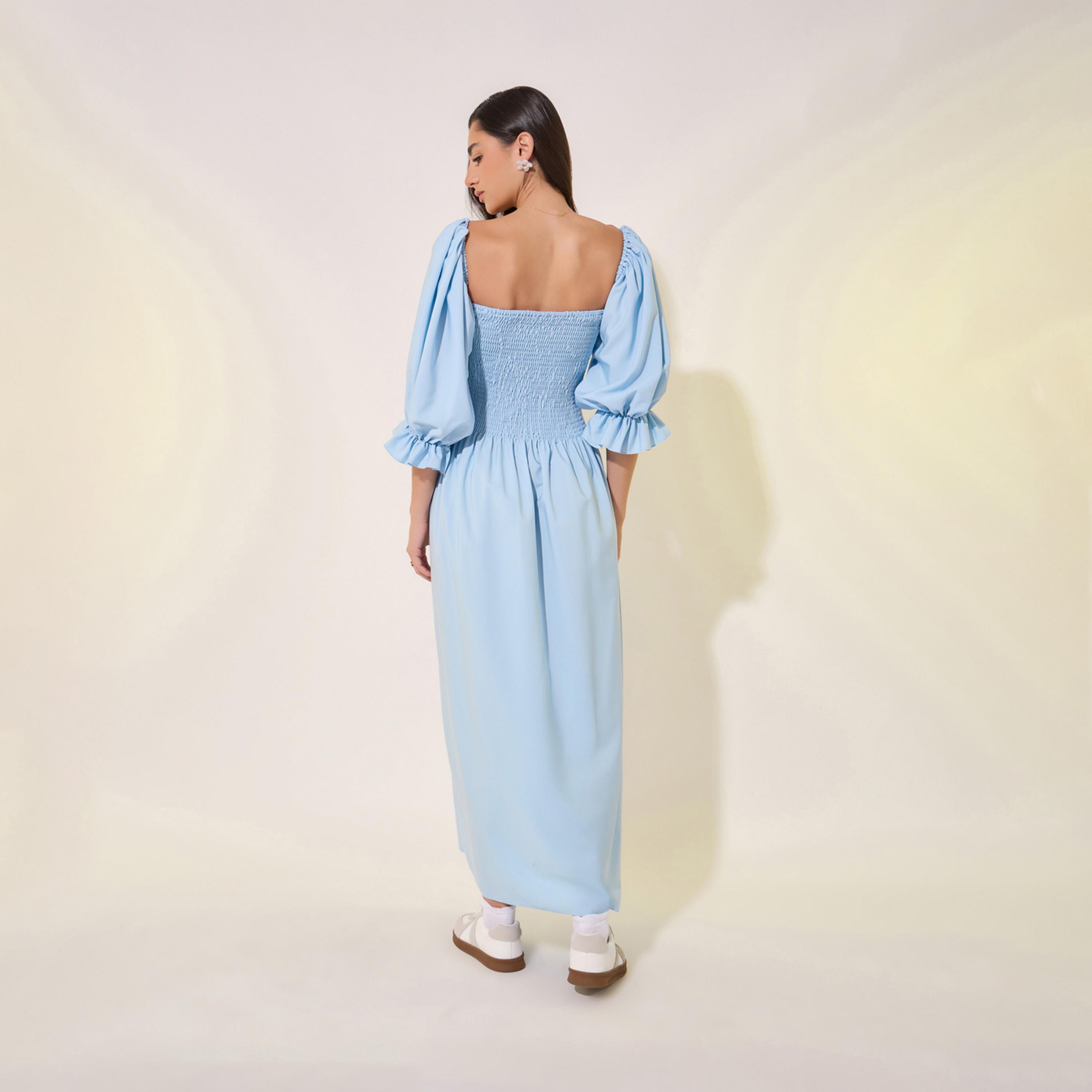 Styli Solid Square Collar Front Center Tassel MiDi Dress-women-clothing-dresses-image-5