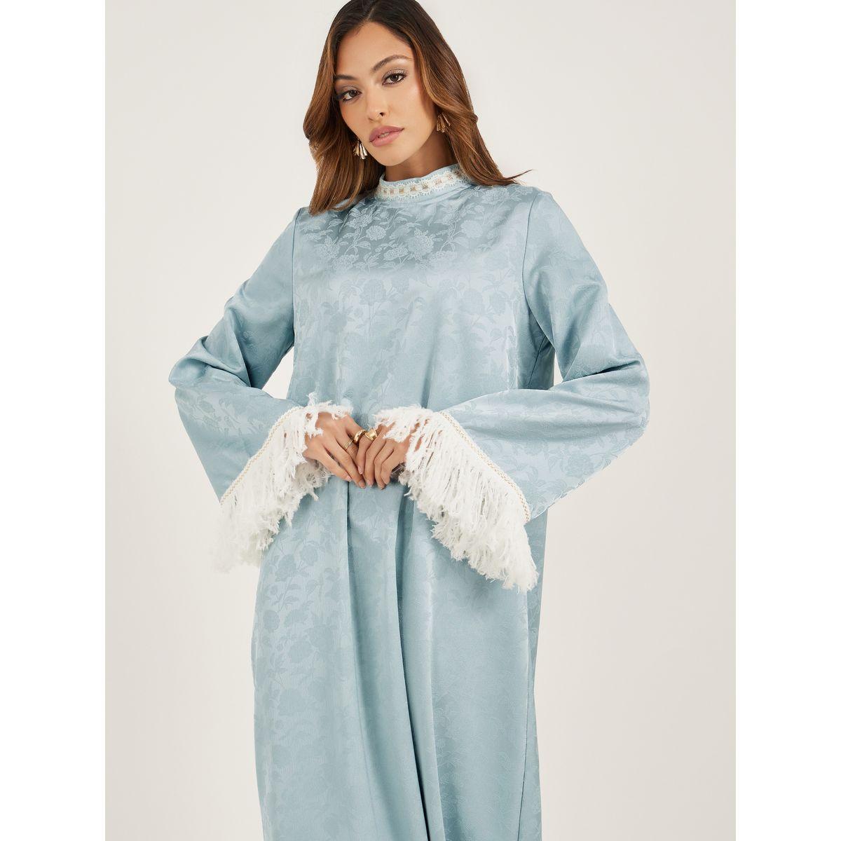 Styli Jacquard Stand Collared Jalabiya with Tassel Trim-women-arabicclothing-jalabiyas-image-3