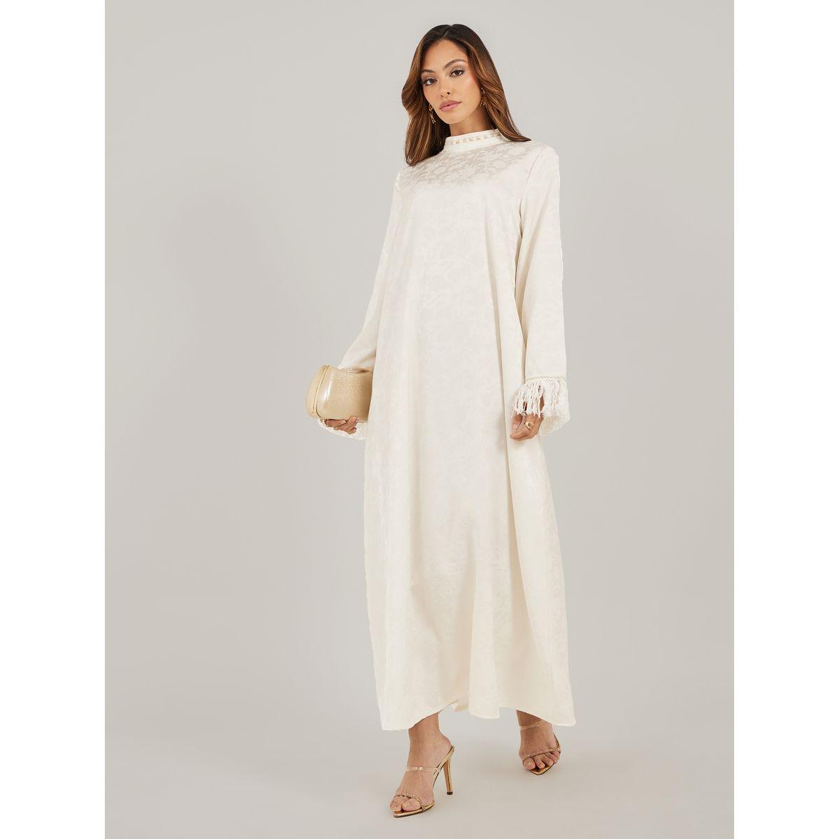 Styli Jacquard Stand Collared Jalabiya with Tassel Trim-women-arabicclothing-jalabiyas-image-1