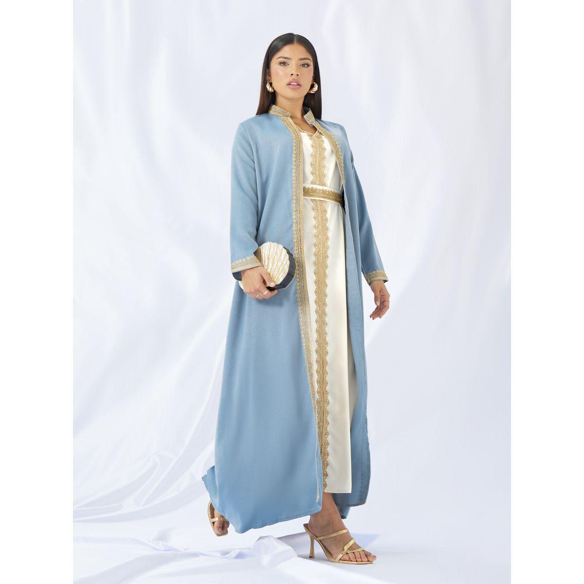 Styli Lace Trim Collared Belted Satin Abaya with Inner Dress-women-arabicclothing-abayas-image-1
