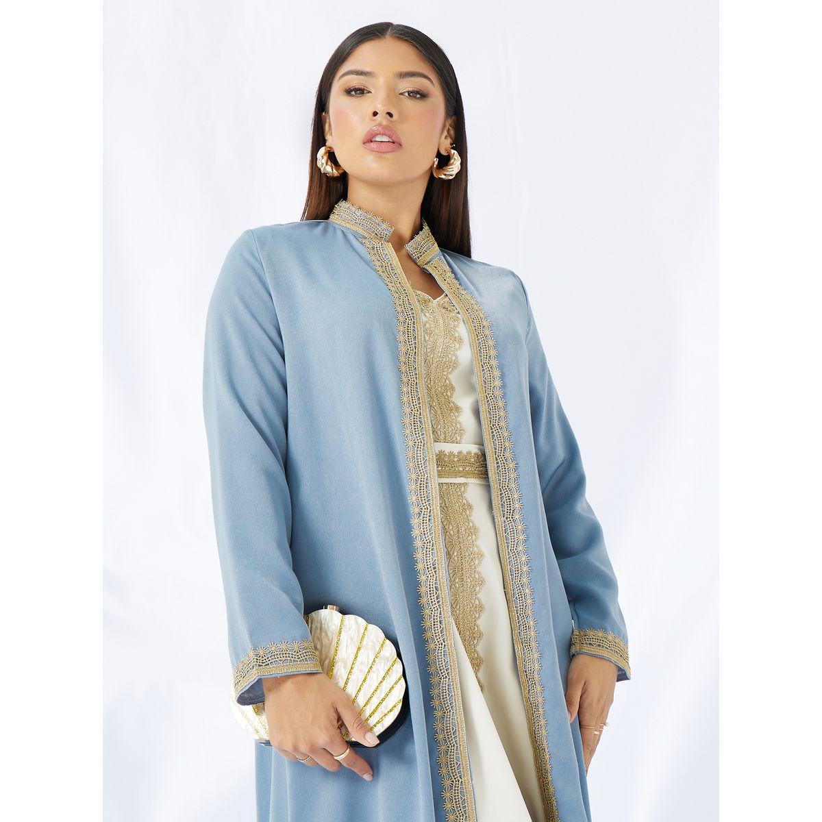 Styli Lace Trim Collared Belted Satin Abaya with Inner Dress-women-arabicclothing-abayas-image-2