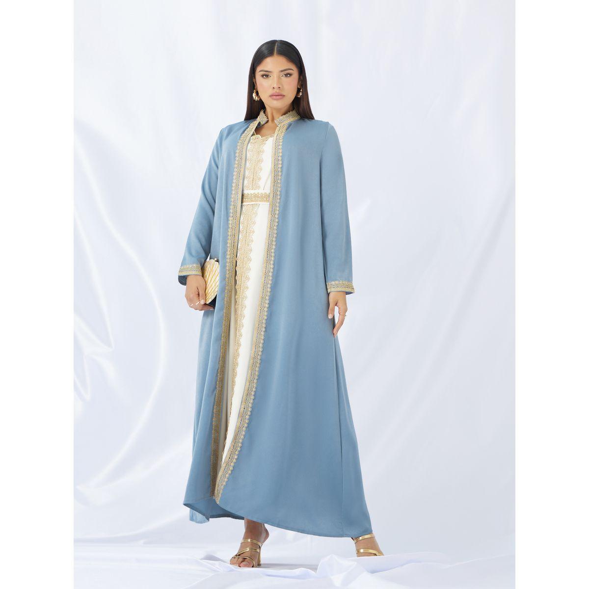 Styli Lace Trim Collared Belted Satin Abaya with Inner Dress-women-arabicclothing-abayas-image-3