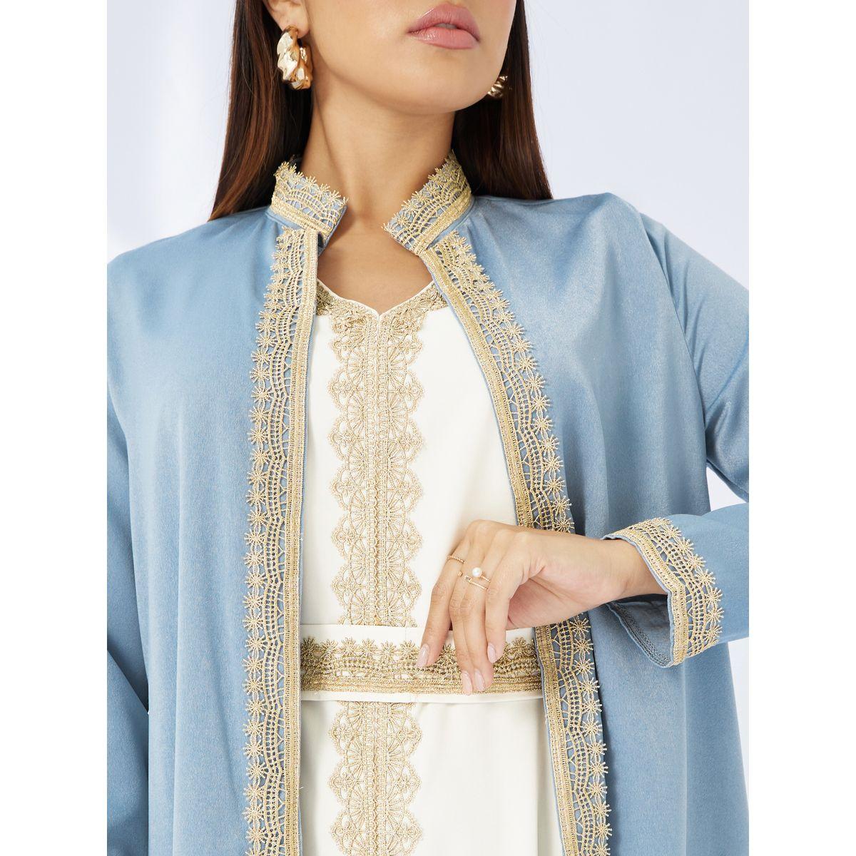 Styli Lace Trim Collared Belted Satin Abaya with Inner Dress-women-arabicclothing-abayas-image-4