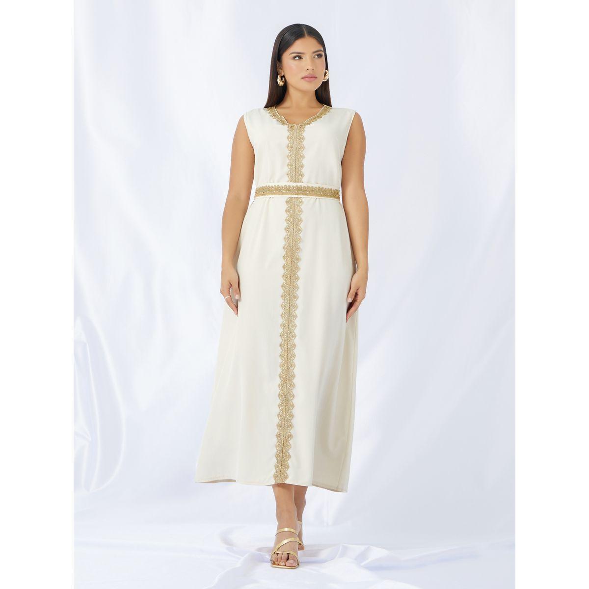Styli Lace Trim Collared Belted Satin Abaya with Inner Dress-women-arabicclothing-abayas-image-5