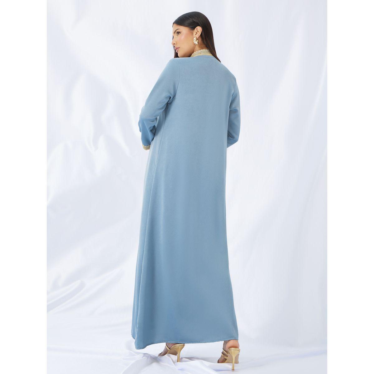 Styli Lace Trim Collared Belted Satin Abaya with Inner Dress-women-arabicclothing-abayas-image-6