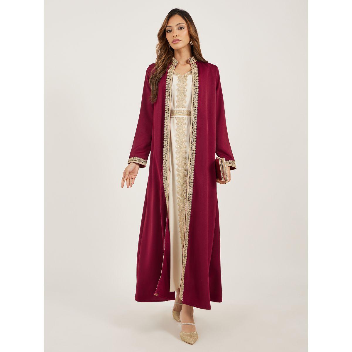 Styli Lace Trim Collared Belted Satin Abaya with Inner Dress-women-arabicclothing-abayas-image-2