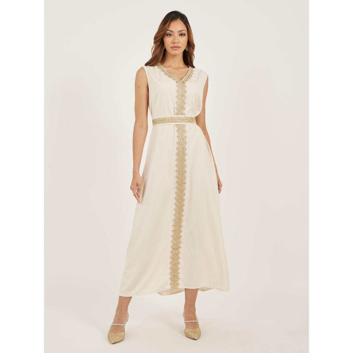Styli Lace Trim Collared Belted Satin Abaya with Inner Dress-women-arabicclothing-abayas-image-3