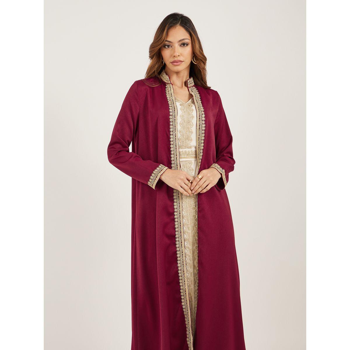 Styli Lace Trim Collared Belted Satin Abaya with Inner Dress-women-arabicclothing-abayas-image-4