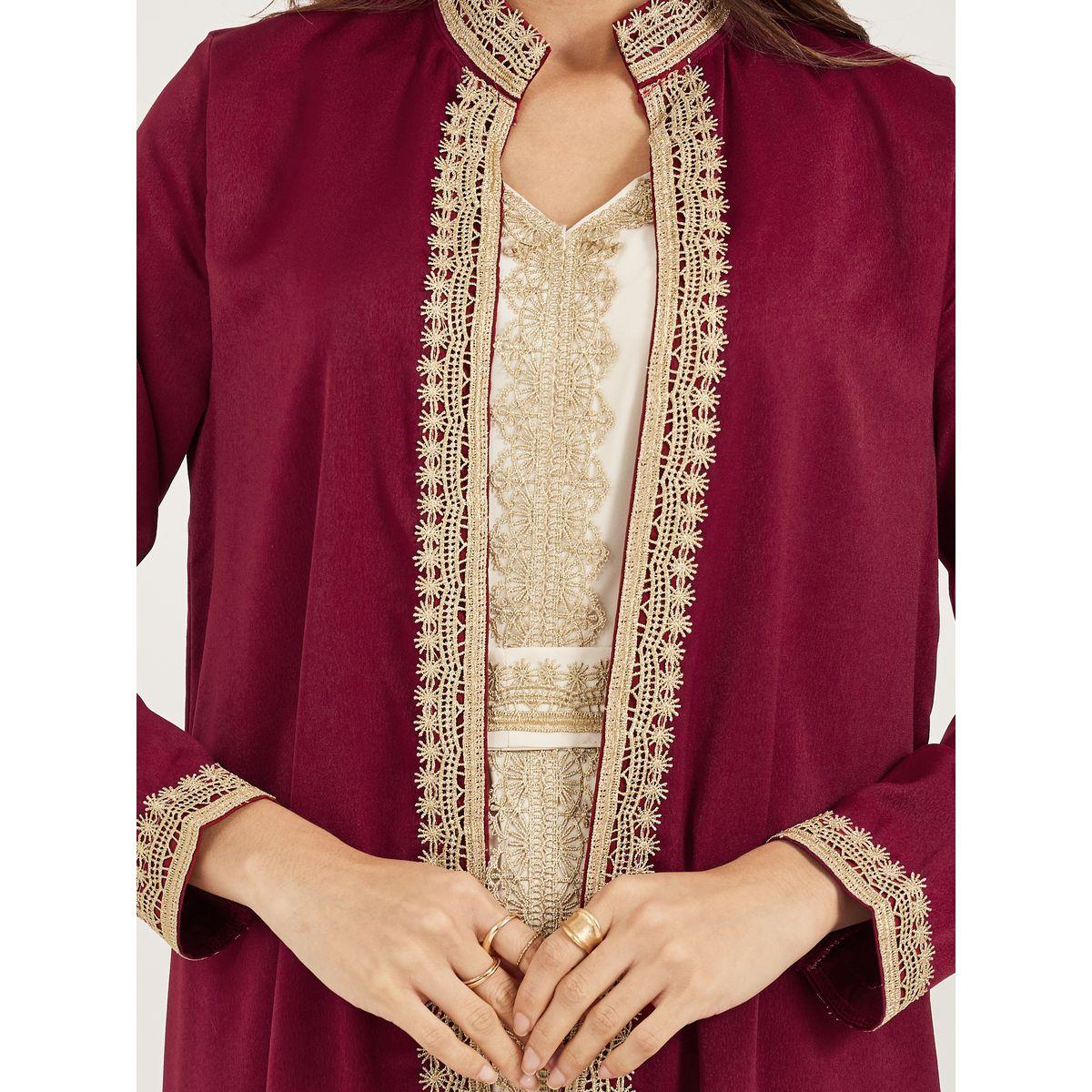Styli Lace Trim Collared Belted Satin Abaya with Inner Dress-women-arabicclothing-abayas-image-5