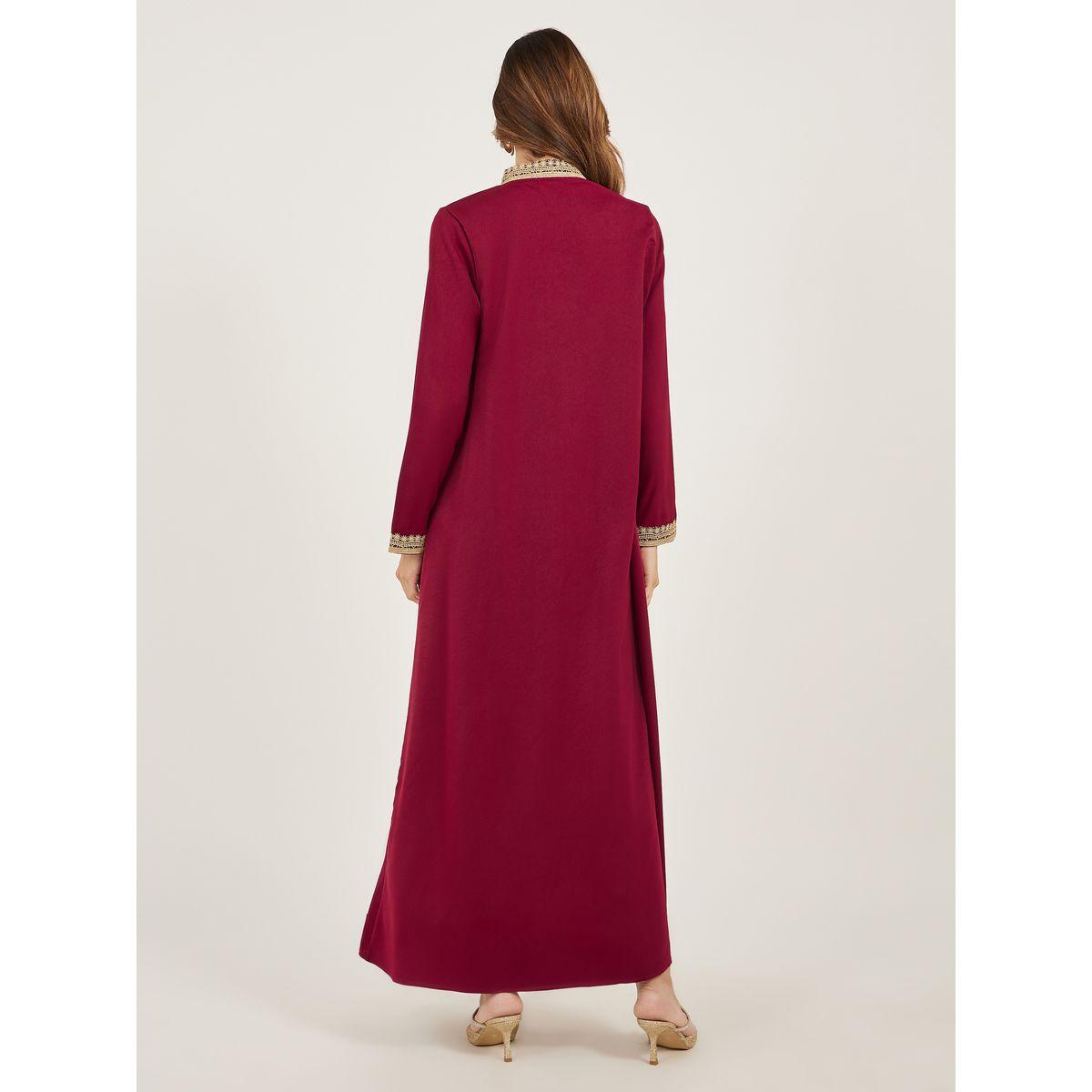 Styli Lace Trim Collared Belted Satin Abaya with Inner Dress-women-arabicclothing-abayas-image-6
