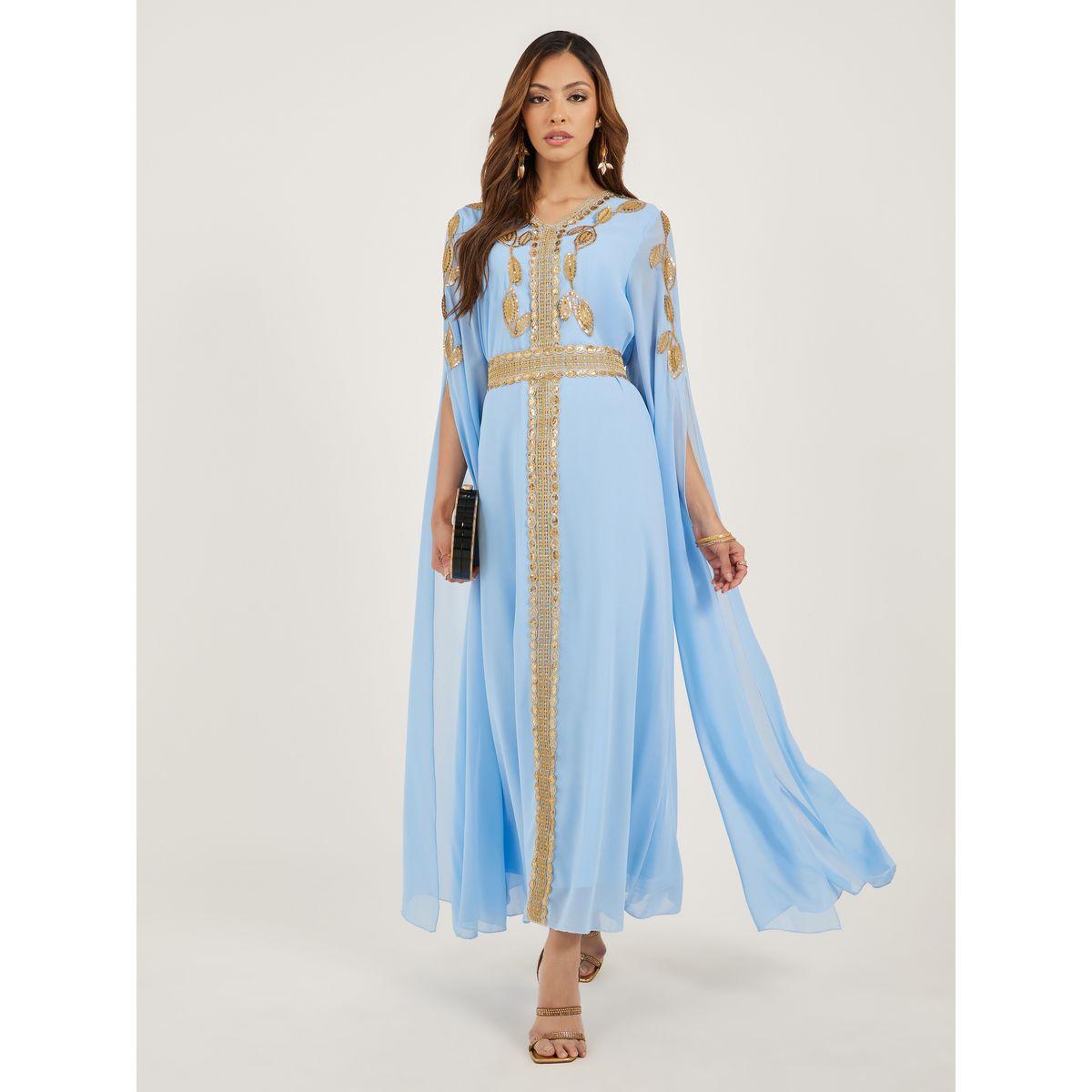 قفطان بتفاصيل دانتيل وأكمام بشق-women-arabicclothing-kaftan-image-1