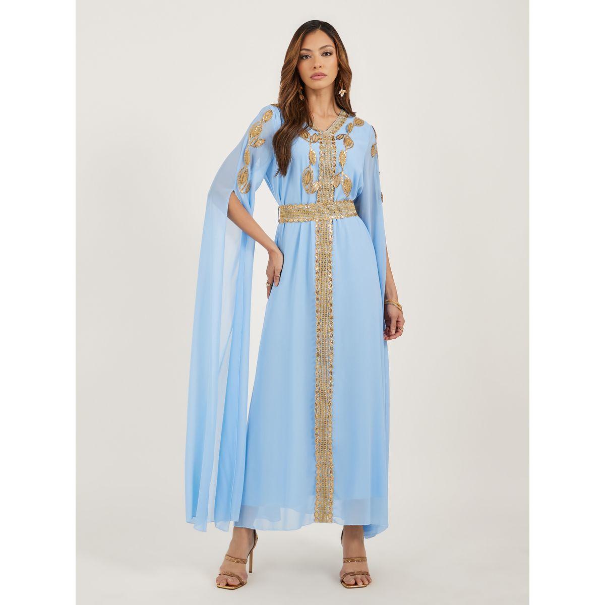 قفطان بتفاصيل دانتيل وأكمام بشق-women-arabicclothing-kaftan-image-2