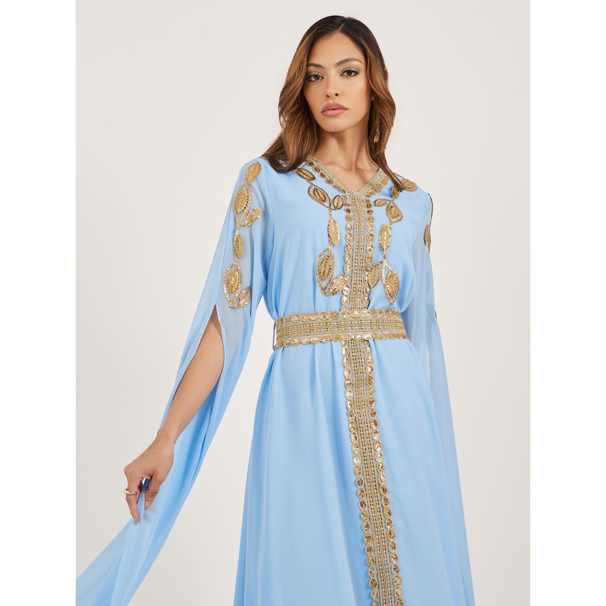 قفطان بتفاصيل دانتيل وأكمام بشق-women-arabicclothing-kaftan-image-3